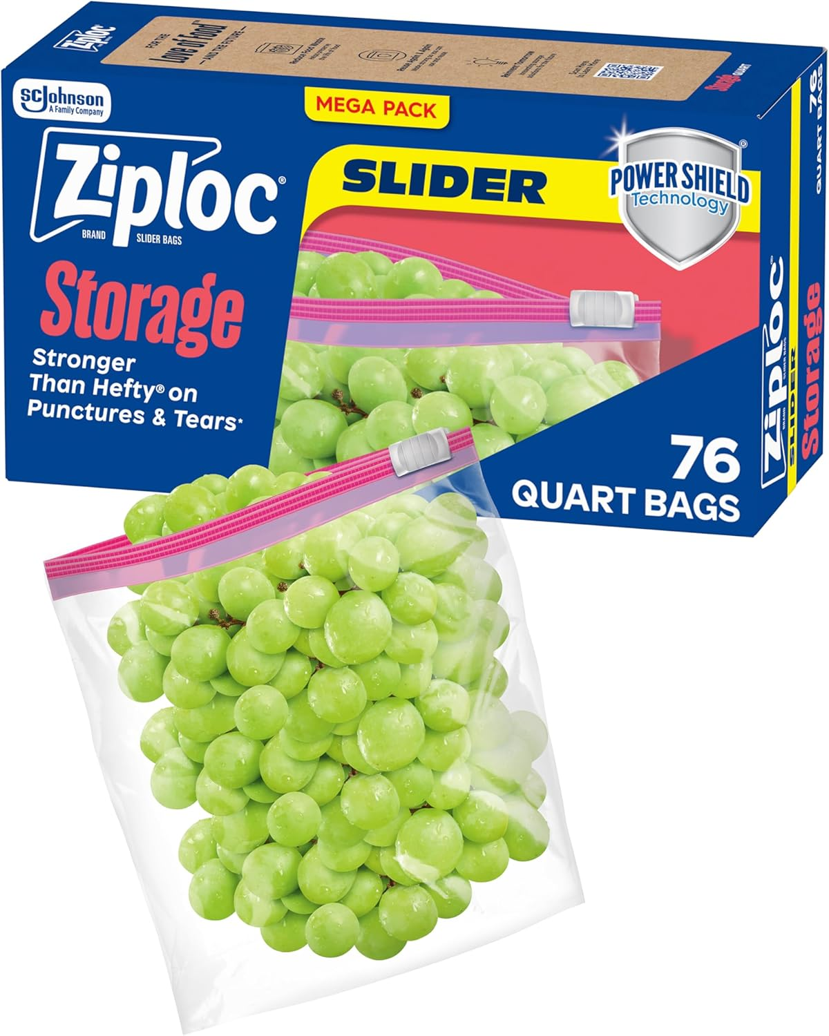 Ziploc Quart Food Storage Slider Bags, Power Shield Technology for More Durability, 76 Count
