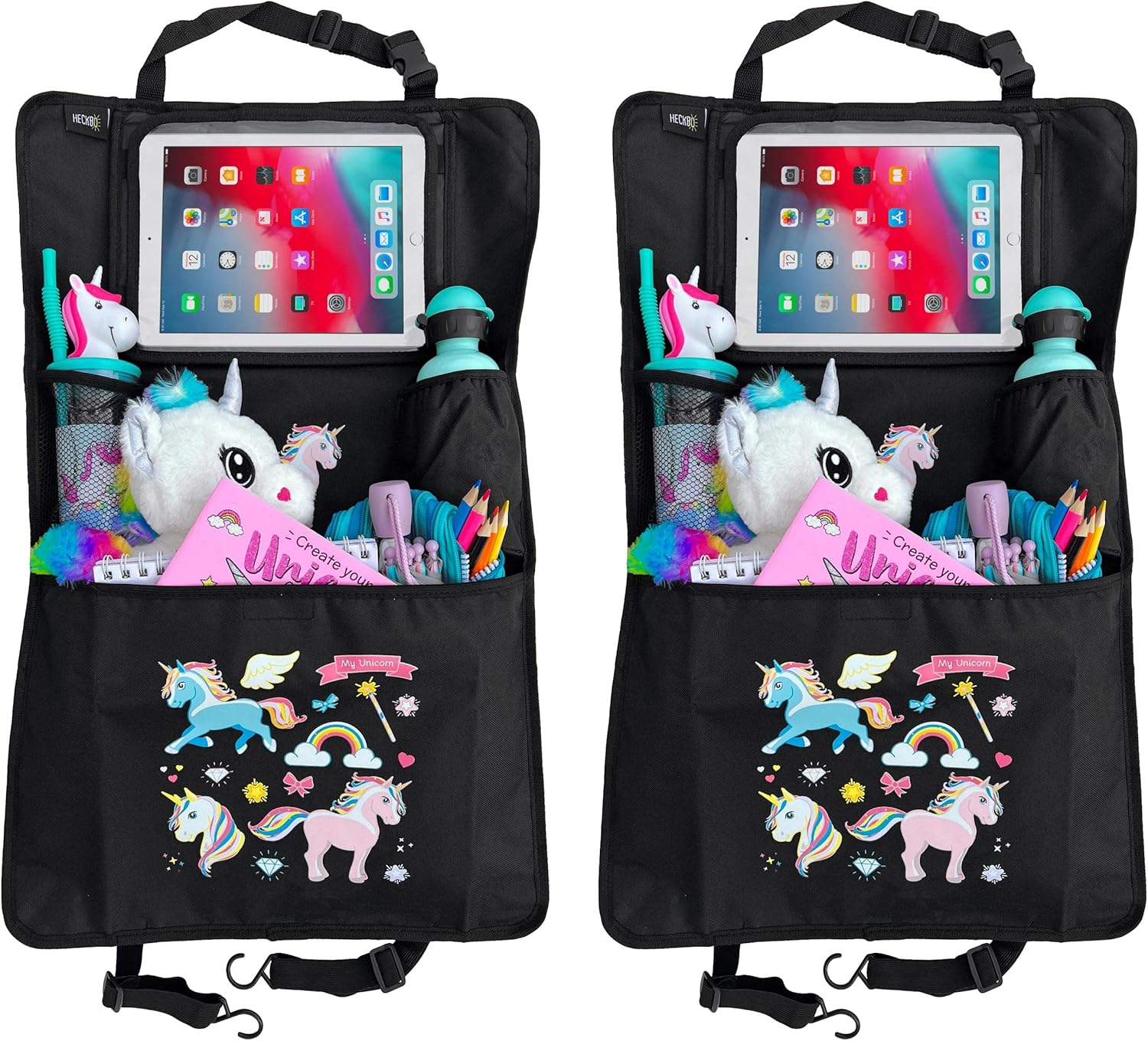 2X Auto Rücksitz Organizer Mit Verstellbarer Tablet Tasche Für Tablets Bis Zu 20 Zoll Mit Touch Folie – Einhorn - Universal Passend Inkl. Thermotasche + Stretch-Netztasche - Waschbar