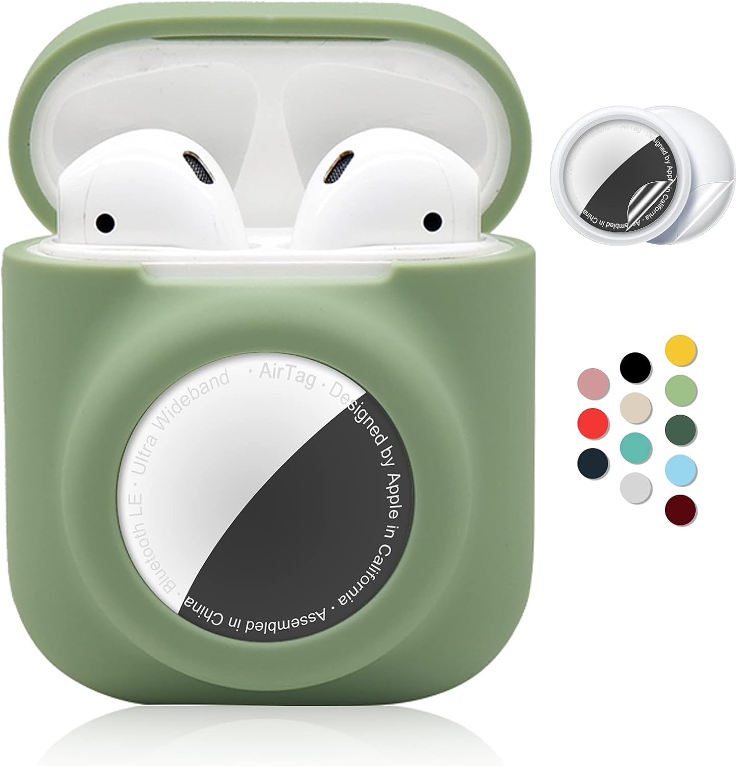 2 in 1 Silicone Protective Skin Cover Compatible with Airpod 1&2 and Airtag, Soft Comprehensive Protective Case with 2 PCS TPU Screen Protector, Anti-Scratch Anti-Fall Anti-Lost(Avocadogreen)