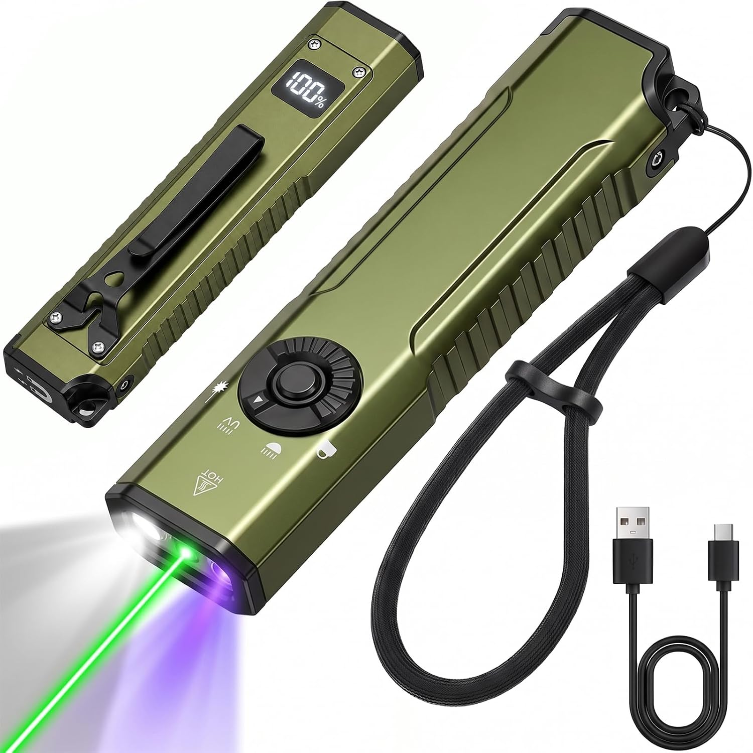 3‑in‑1 Rechargeable LED Flashlight, White UV Green Light EDC Work Light