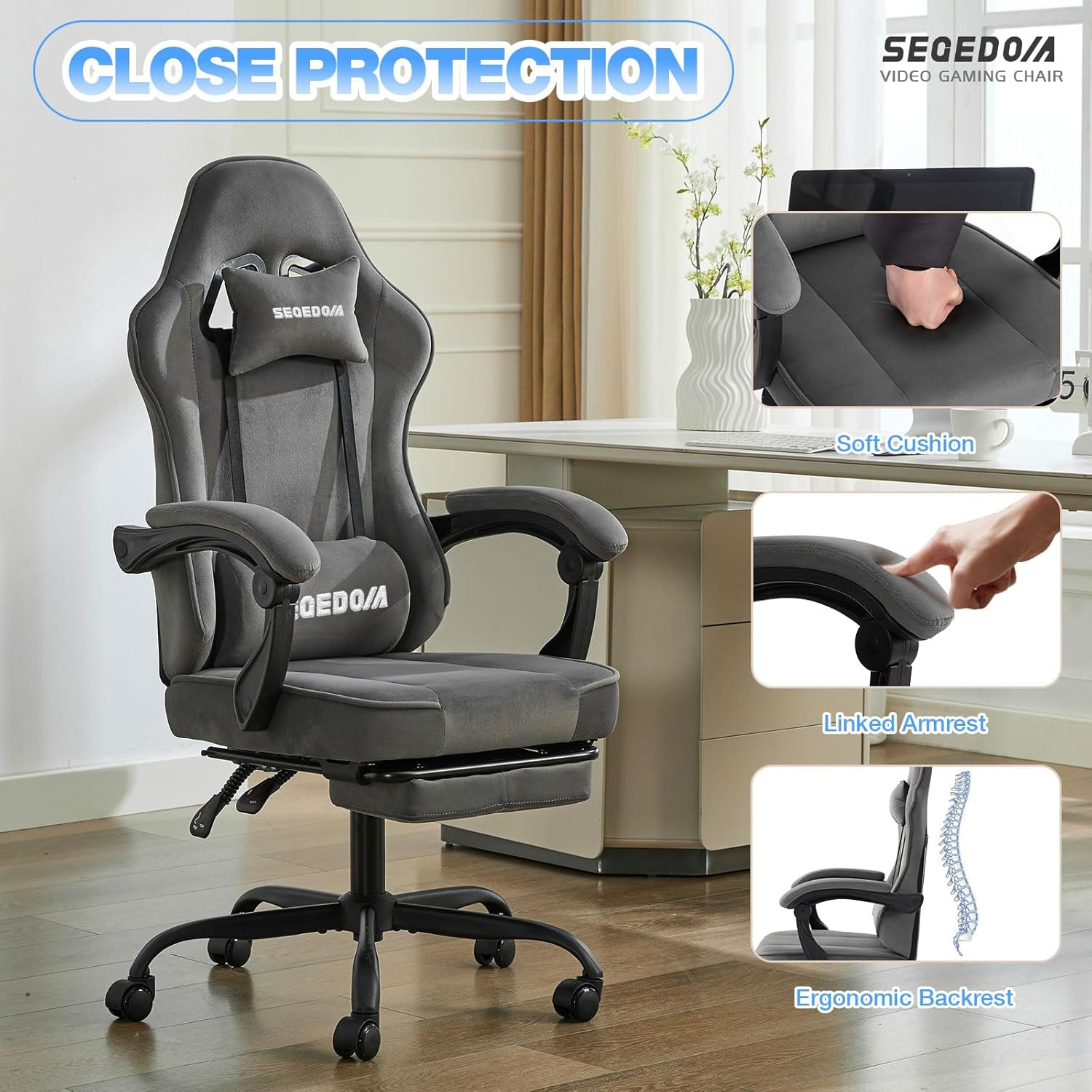 segedom Gaming Chair Technology Fabric Computer Chair with Pocket Spring Cush... - Picture 8 of 14