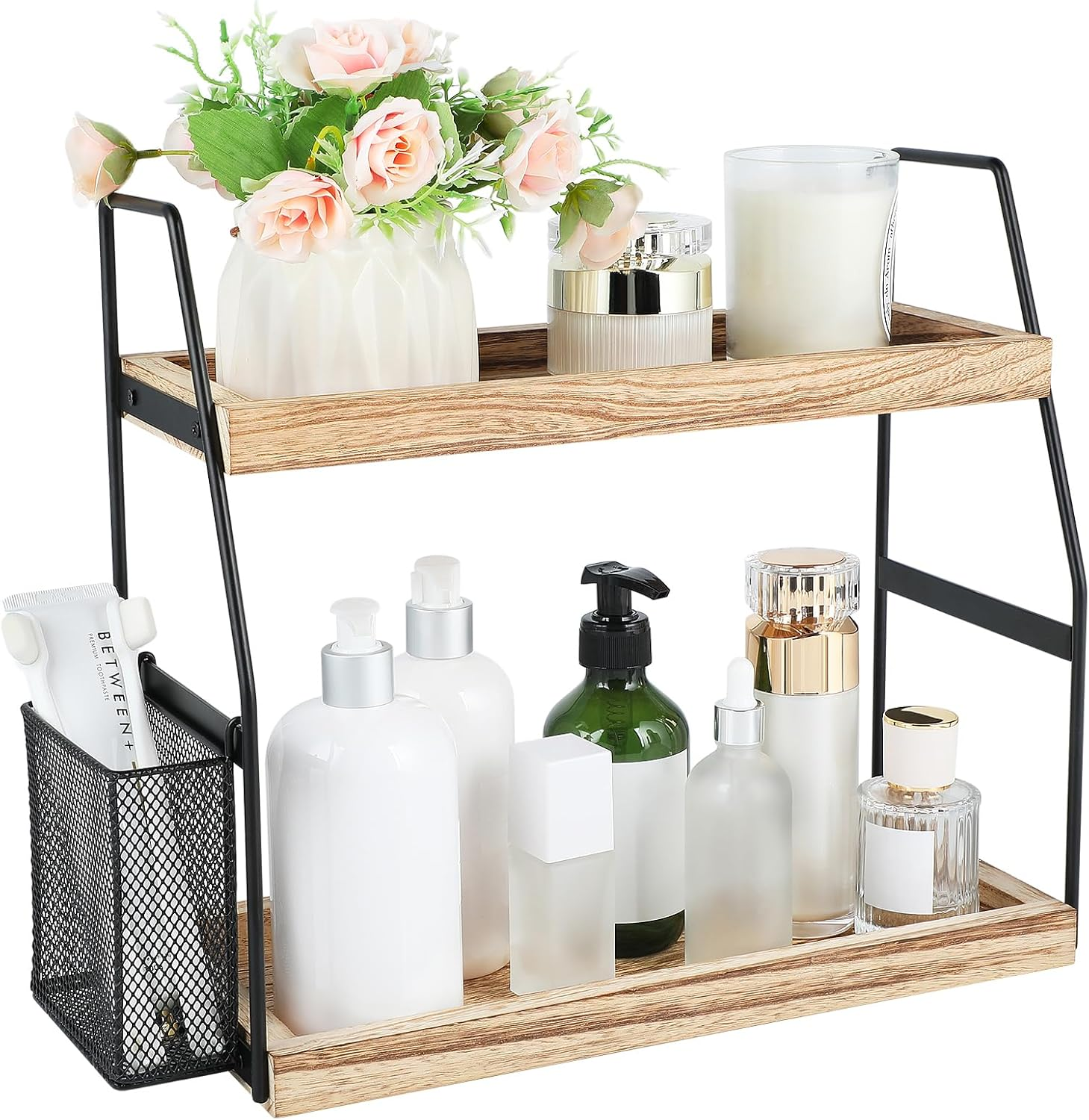 Bathroom Counter Organizer, 2-Tier Standing Storage Shelf with Basket, Wood Tray for Skincare Vanity Organizer