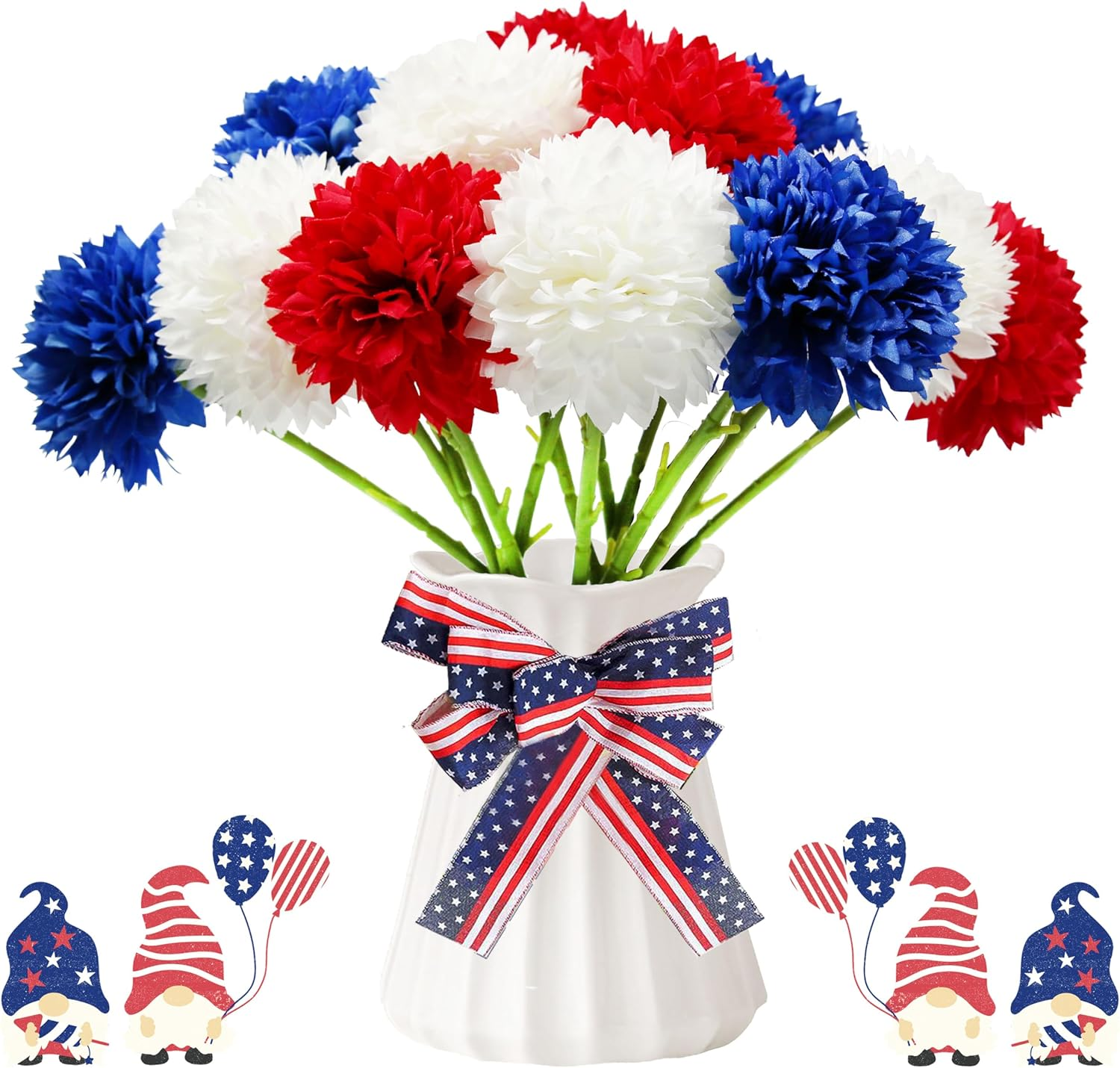 12 Pcs Artificial Flower Patriotic Memorial Bouquet Red White and Blue Faux Ball Chrysanthemum Bouquet 4Th of July Flowers Silk Flowers Arrangement for Home Party Centerpiece Vase Decor