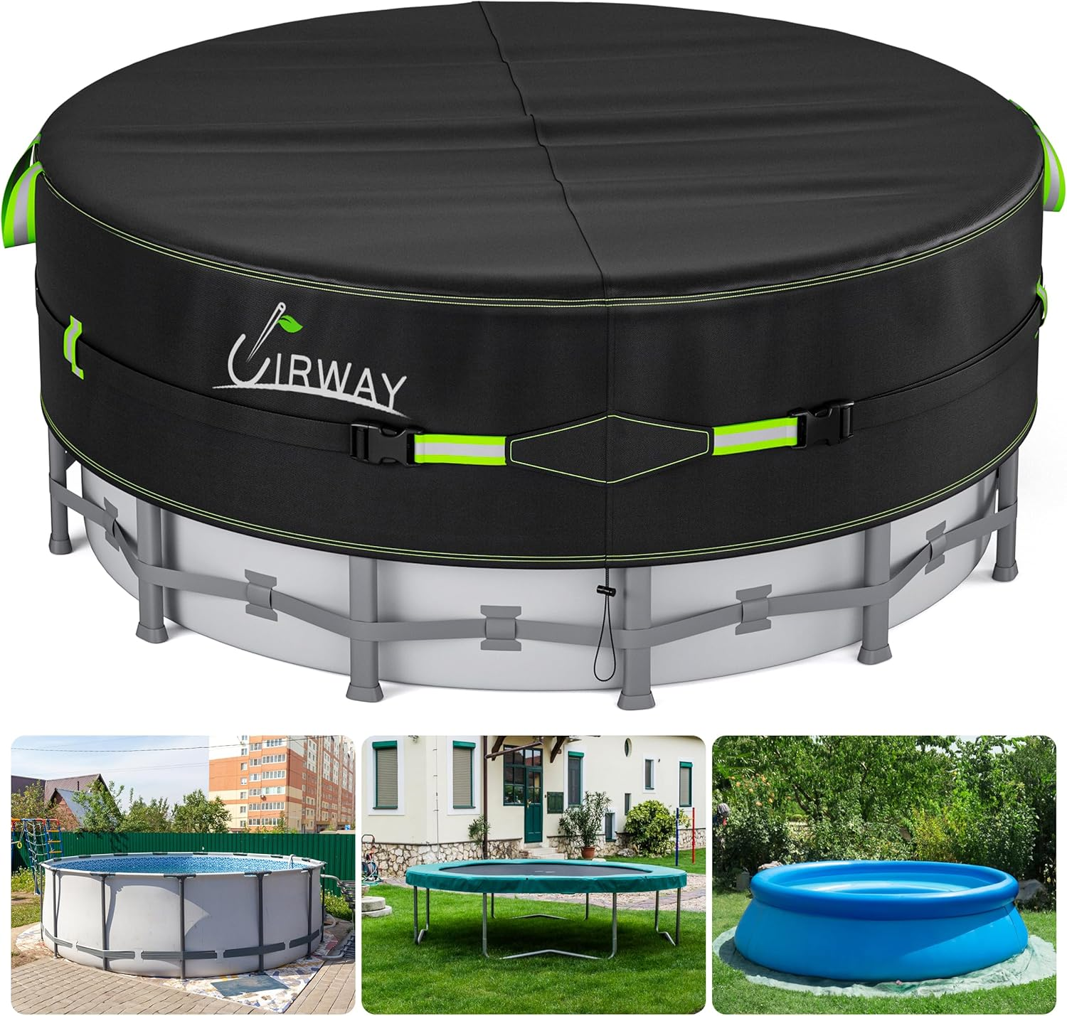 UIRWAY 16 Ft Round Pool Cover with Reflective Strips Swimming 16 Ft Black NEW US