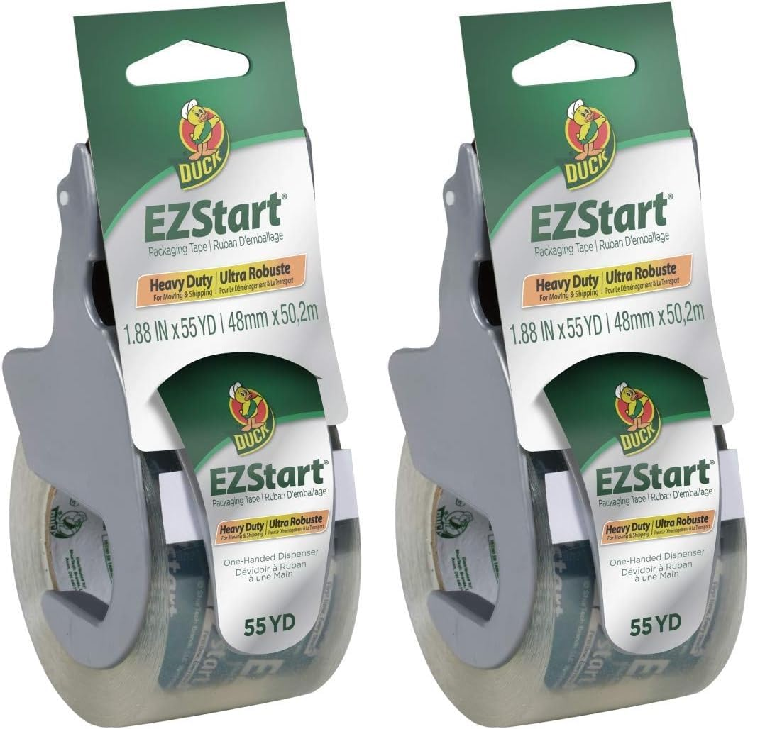 EZ Start Packaging Tape, Single Roll with Dispenser, Clear Packing Tape for Mailing, Moving, Shipping & Storage, Quiet Easy Start Tape for Boxes & Shipping | Pack of 2
