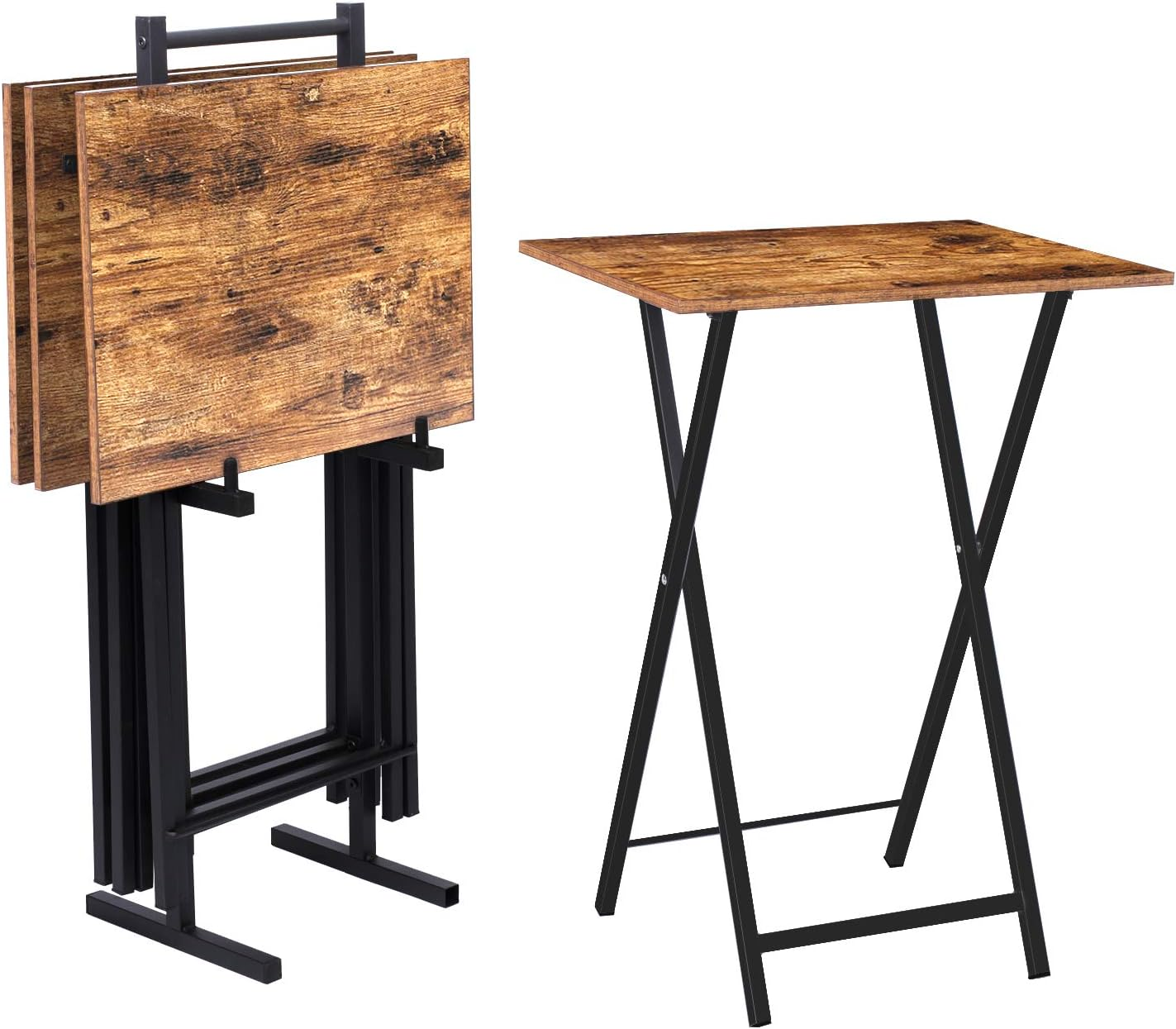 Folding TV Tray Tables, Set of 4 TV Trays with Storage Rack, Industrial Side Table for Eating at Couch, Foldable Snack Table for Small Space, Easy Assembly, Rustic Brown and Black BF50BZ01