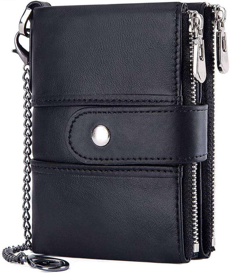 Mens Wallet RFID Blocking Soft Genuine Leather Gents Wallet with Chain, Double Zipper Men Leather Wallets with Coin Pocket Small Mens Bifold Wallets 16 Card Holder (Black)