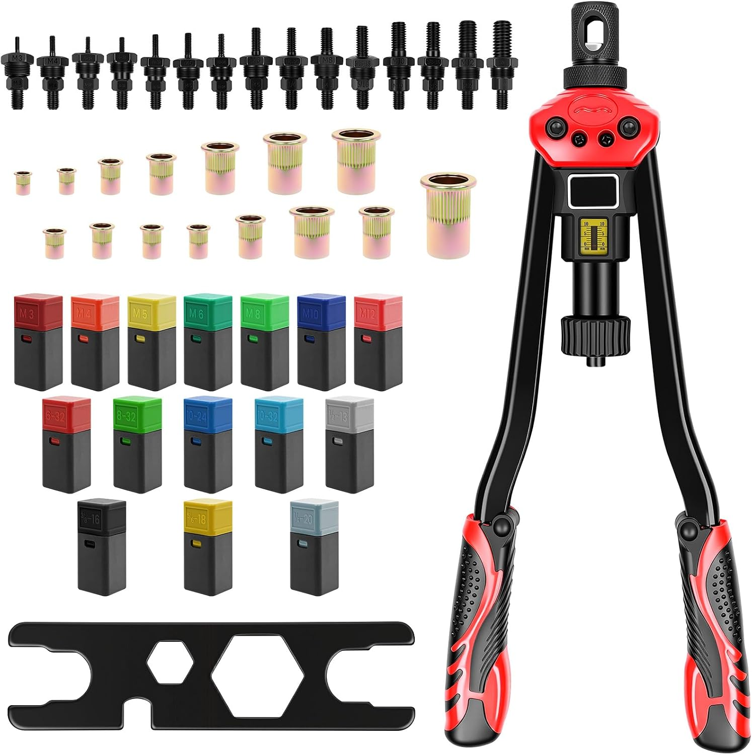 16-Inch Professional Rivet Nut Kit,Heavy Duty Rivnut/Nutsert Tool with Quick-Change Mandrels,Lever Rivet Nut Gun with Stroke Indicator,Threaded Insert Tool W/15 Mandrels & 170 Nutserts,Carrying Case