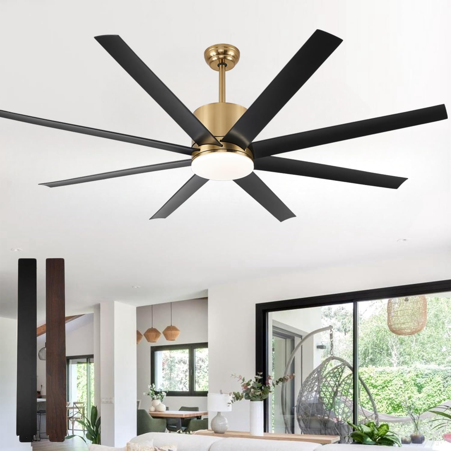 60 Inch Ceiling Fan with Light, Large Ceiling Fans with Remote Outdoor Ceiling Fan Quiet DC Motor, 8 Blades, 6 Wind Speed, Dimmable and Quiet DC Motor for Bedroom Living Room- Black &Gold