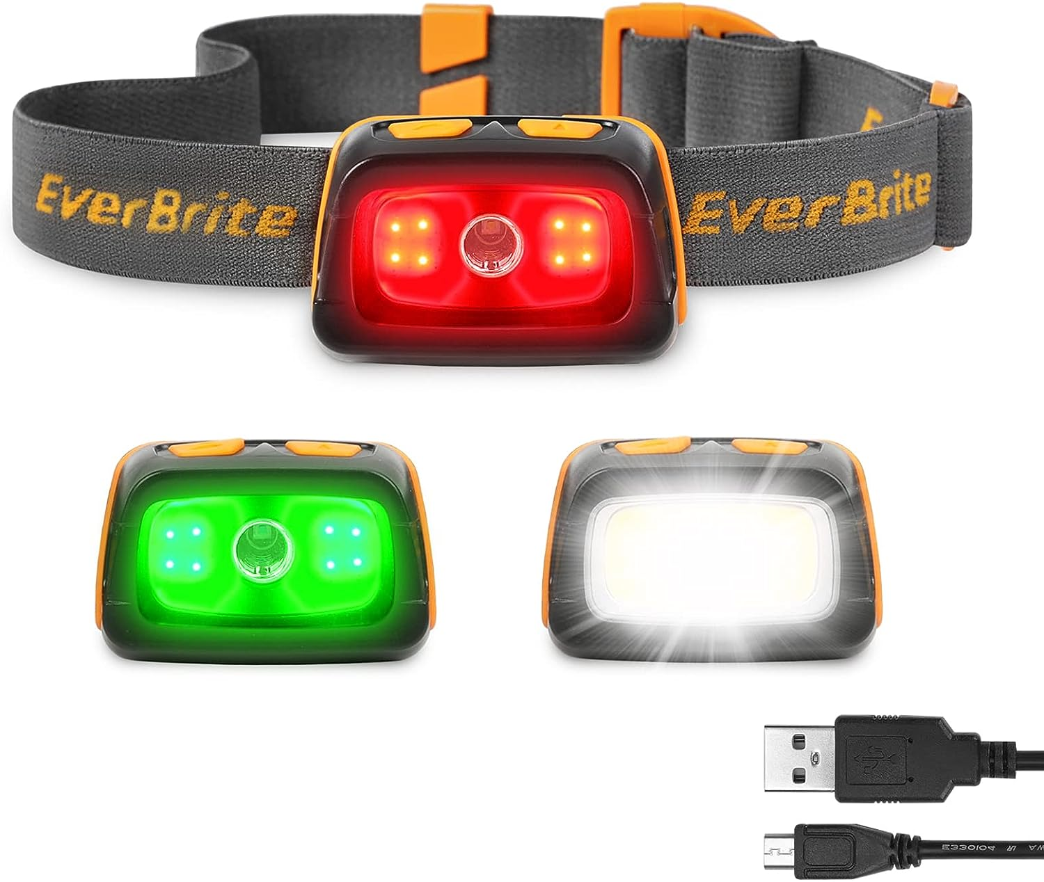 Rechargeable Headlamp, LED Head Lamp with Red, Green Light and Tail Light, 7 Lighting Modes with Memory Function, IPX4 Waterproof Headlight for Camping Hiking Running Cycling and Fishing