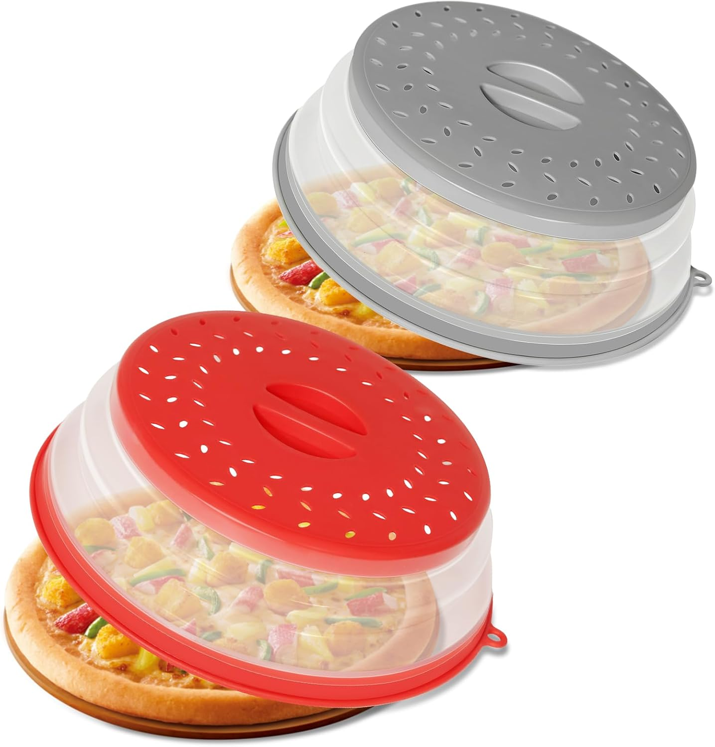 2 Pack Collapsible Microwave Splatter Cover Vented Microwave Lid with Hook Hole, Splatter Guard for Plate Dish Bowl, Vegetable Fruit Colander Multi-Function Kitchen Gadget(Grey & Red)