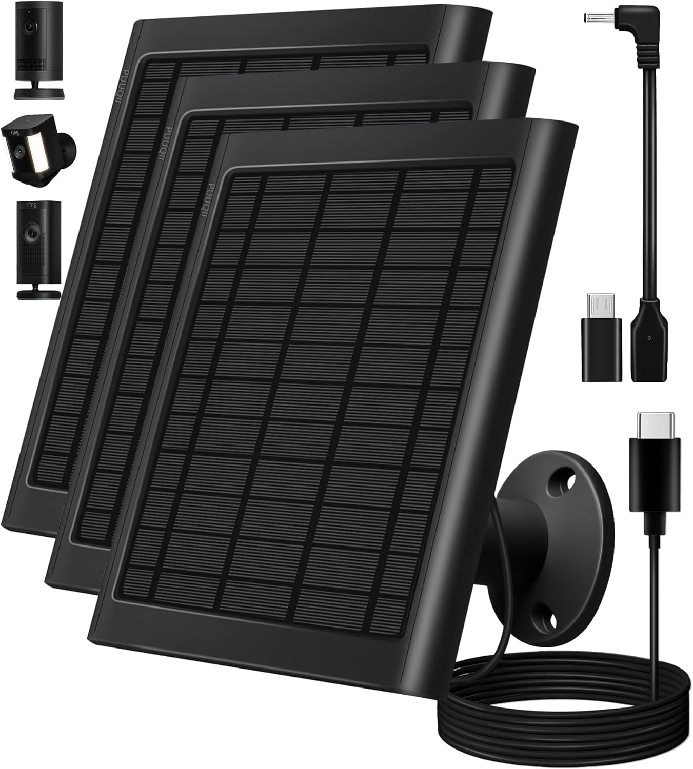8W Solar Panel for Ring Camera, 3-Pack Solar Panel Charger Compatible with Ring Stick up Cam Battery, Spotlight Cam Battery, Includes Barrel Plug to USB-C Adapter, IP65 Waterproof, 10Ft Cable