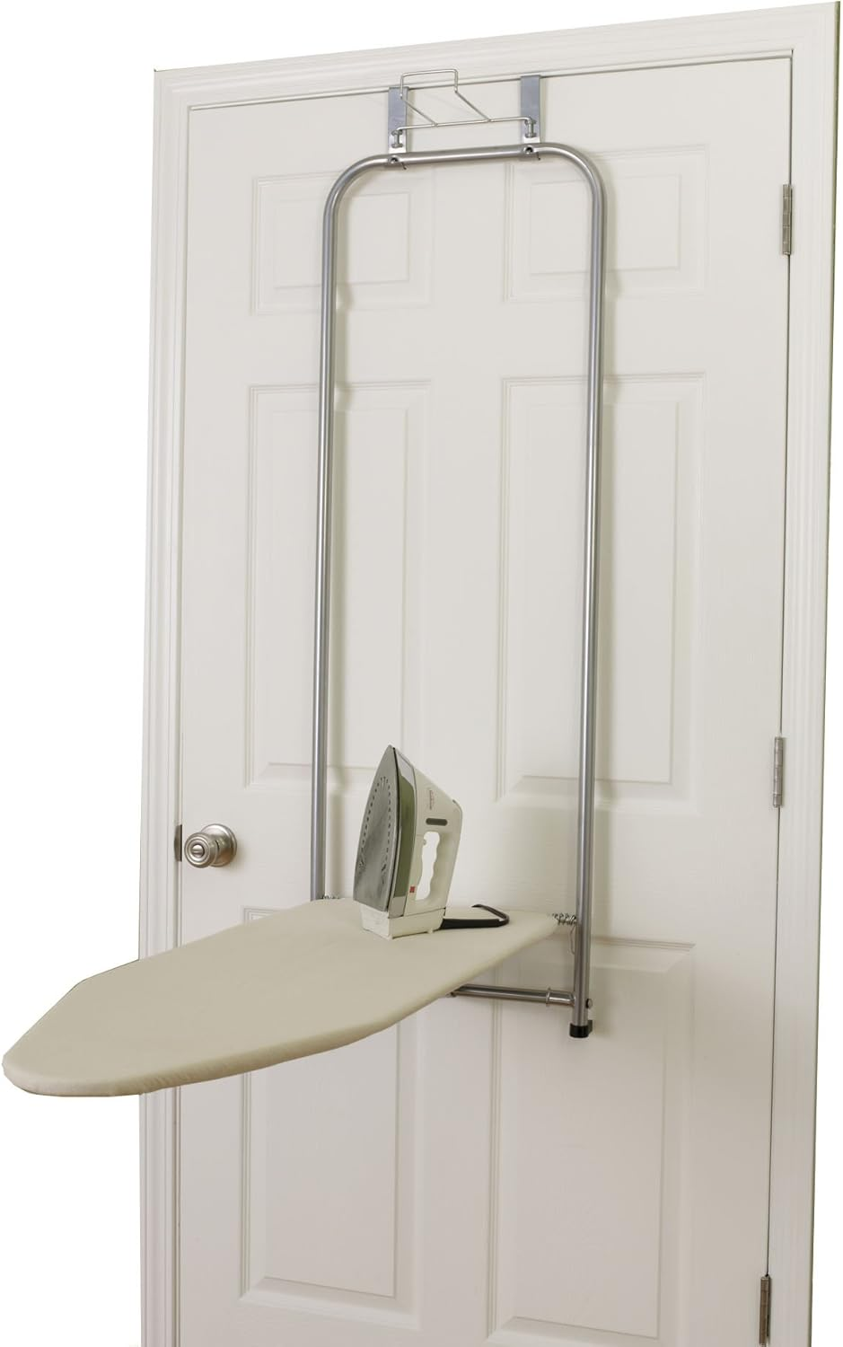 144222 over the Door Small Ironing Board with Iron Holder, Natural Cotton Cover Silver