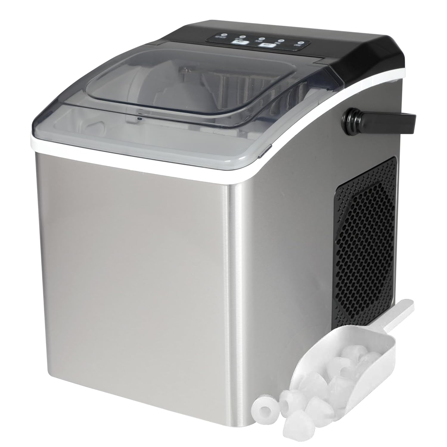 Countertop Ice Machine | Portable Ice Maker | Produces 12 Kg Daily | 8 Cubes Ready in 7 Mins | 2 Pellet Sizes | Scoop & Basket Included | Self-Cleaning | Black (Silver)