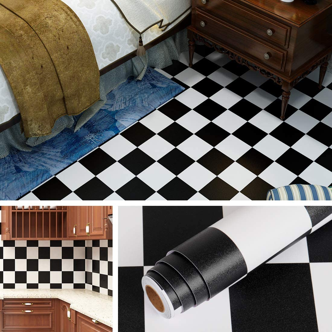 Checkered Black and White Vinyl Flooring Roll 15.8X78.8 in Floor Contact Paper Waterproof Peel and Stick Tile Flooring for Kitchen Linoleum Bathroom Wallpaper Self Adhesive Wall Covering