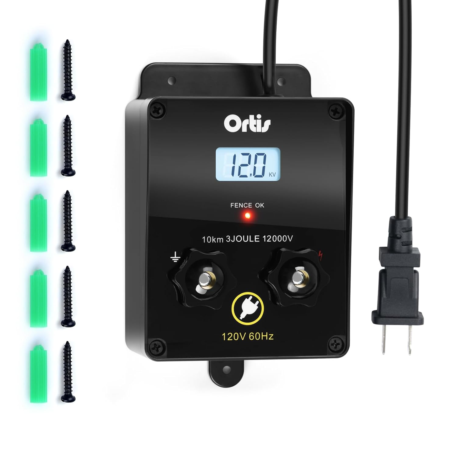 Electric Fence Energizer with LCD Display, 12,000V 3 Joules Electric Fence Charger, 6.2 Mile Range, Safe & Effective Animal Control for Livestock, Garden & Pasture Protection
