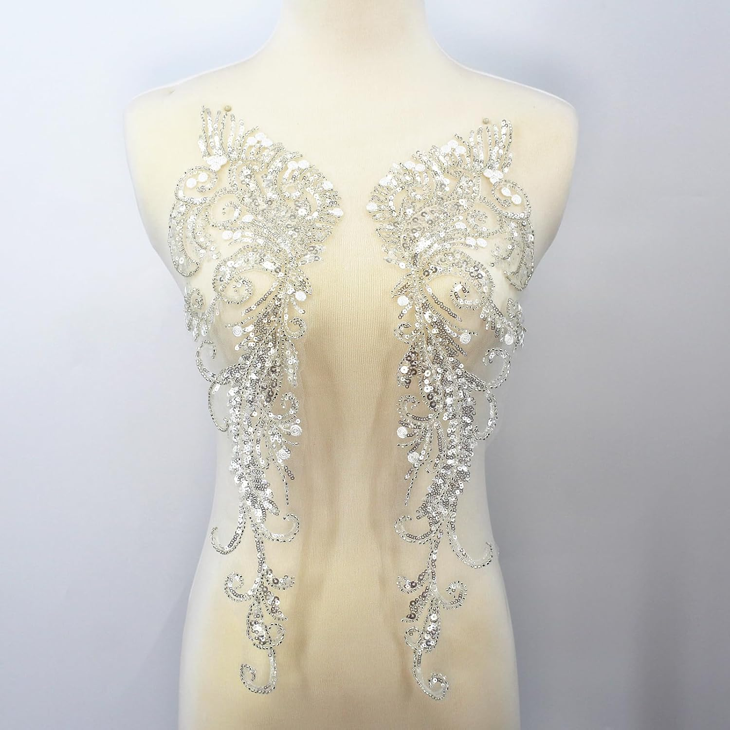 One Pair 3D Beaded Embroidery Sequin Lace Applique Sew on Flower Fabric Collar Patch for Wedding Gown Dress Bridal DIY Crafts(White)