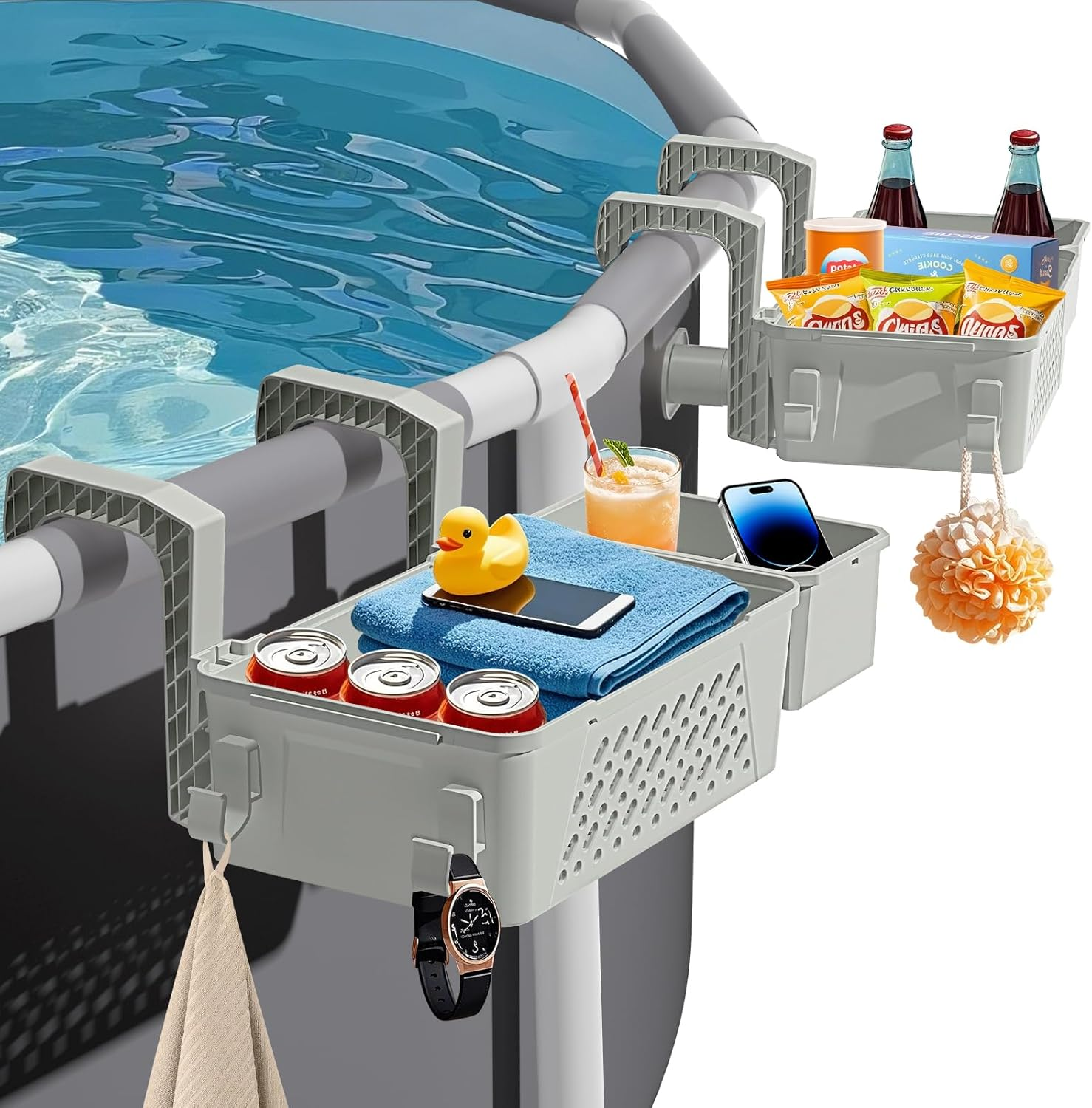 Poolside Storage Basket 2 Pack - above Ground Pool Accessories, Swimming Pool Storage Baskets with Cup Holders,Fits 3” or Smaller Top Rails,Versatile Organizer for Pool Toys,Towels,Beverages (Grey)