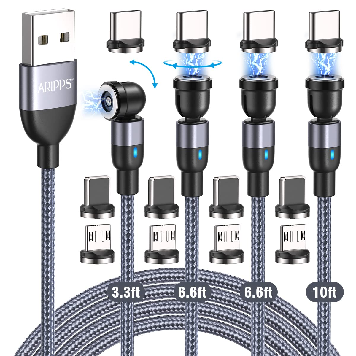 Magnetic Charging Cable 4 Pack (3.3Ft/6.6Ft/6.6Ft/10Ft), 540 Degree Rotating Magnet Phone Charger Cable, 3 in 1 Nylon Braided Magnetic USB Cable for Micro,Type C and Iproduct Device