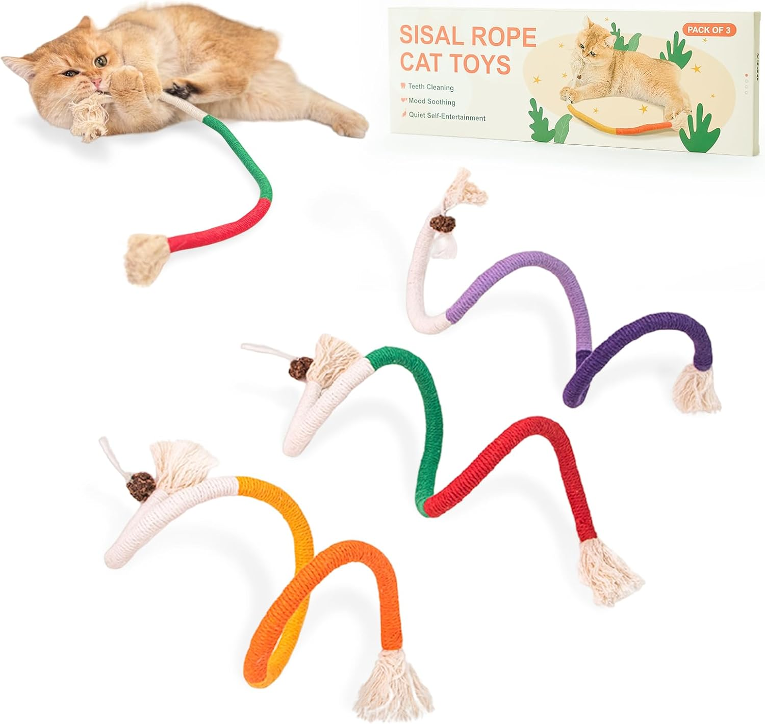 Cat Toys Chew Ropes,3Pcs Natural Catnip Chewing Rope,Safe Teeth Cleaning
