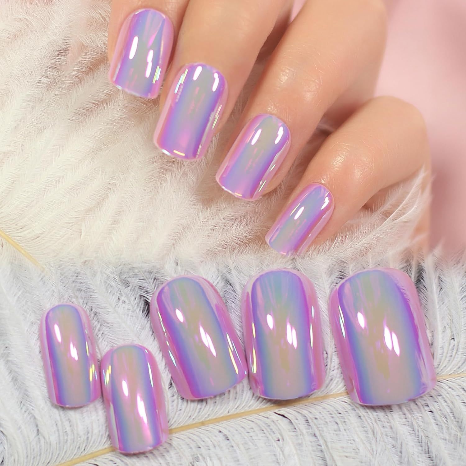 Magic Pink Purle Chrome Press On Nails Medium Length Squoval False Nails Women