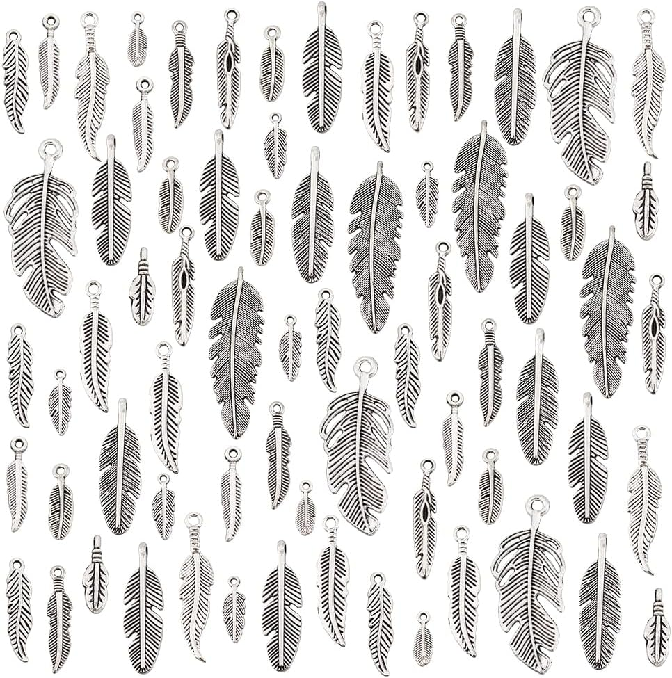 84Pcs 14 Styles Feather Charms Pendant, 12~40Mm Antique Silver