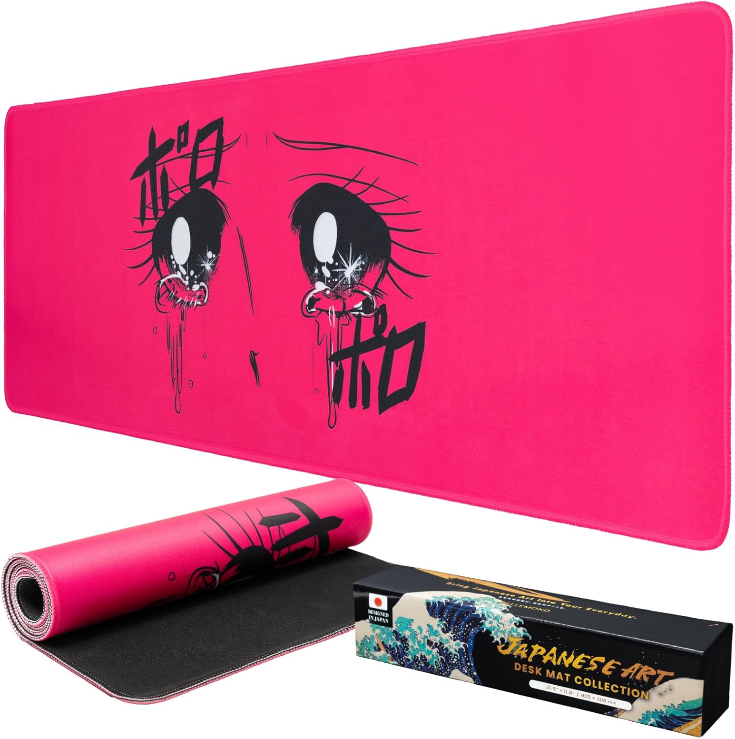 Japanese Art Desk Mat | Large 31.5x11.8in Desk Pad | Anime Mouse Pad for Keyboard & Mouse | Non-Slip Base, Water-Repellent, Smooth Precision | Crying Girl - Tears of Pink Emotion