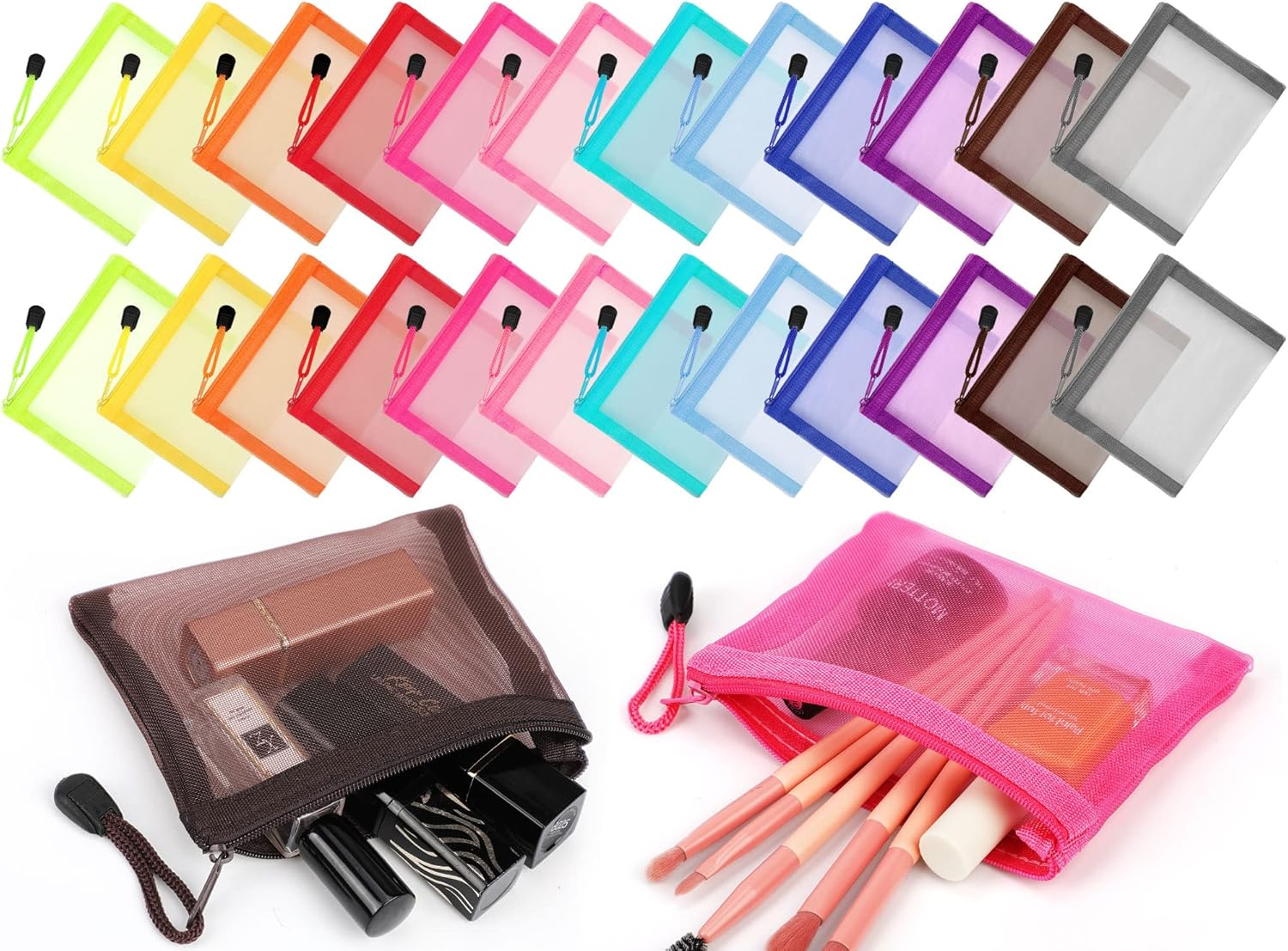 24 Pcs Mini Zipper Mesh Bags Lipstick Cosmetic Accessories Organizer Nylon Makeup Zipper Pouch Small Cosmetic Bag for Purse Beauty Mesh  Pouch for Women(5 x 4 Inch,Bright Color)