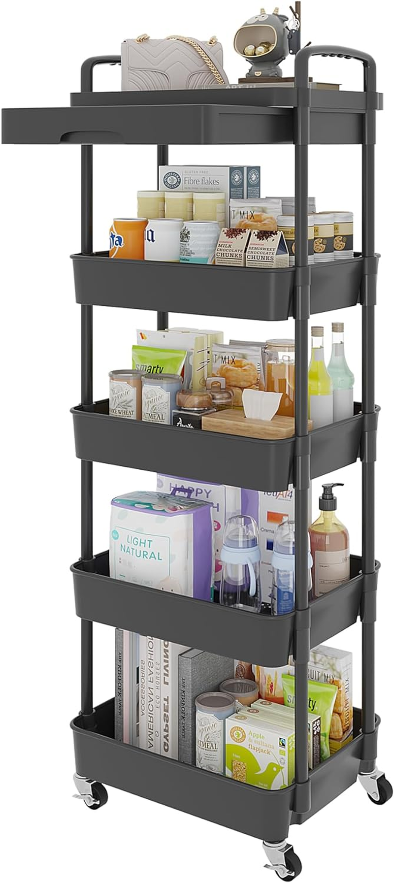 5-Tier Rolling Utility Cart with Drawer,Multifunctional Storage Organizer with Plastic Shelf & Metal Wheels,Storage Cart for Kitchen,Bathroom,Living Room,Office,Black