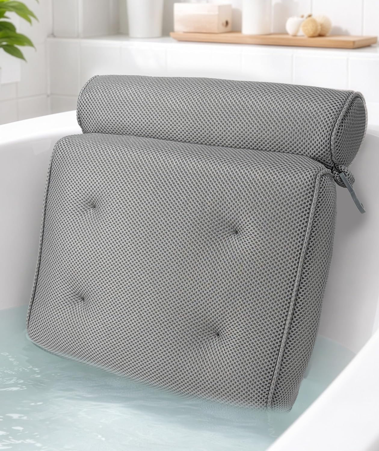 Luxury Bath Pillow for Tub – Quick-Dry 4D Mesh – Gray