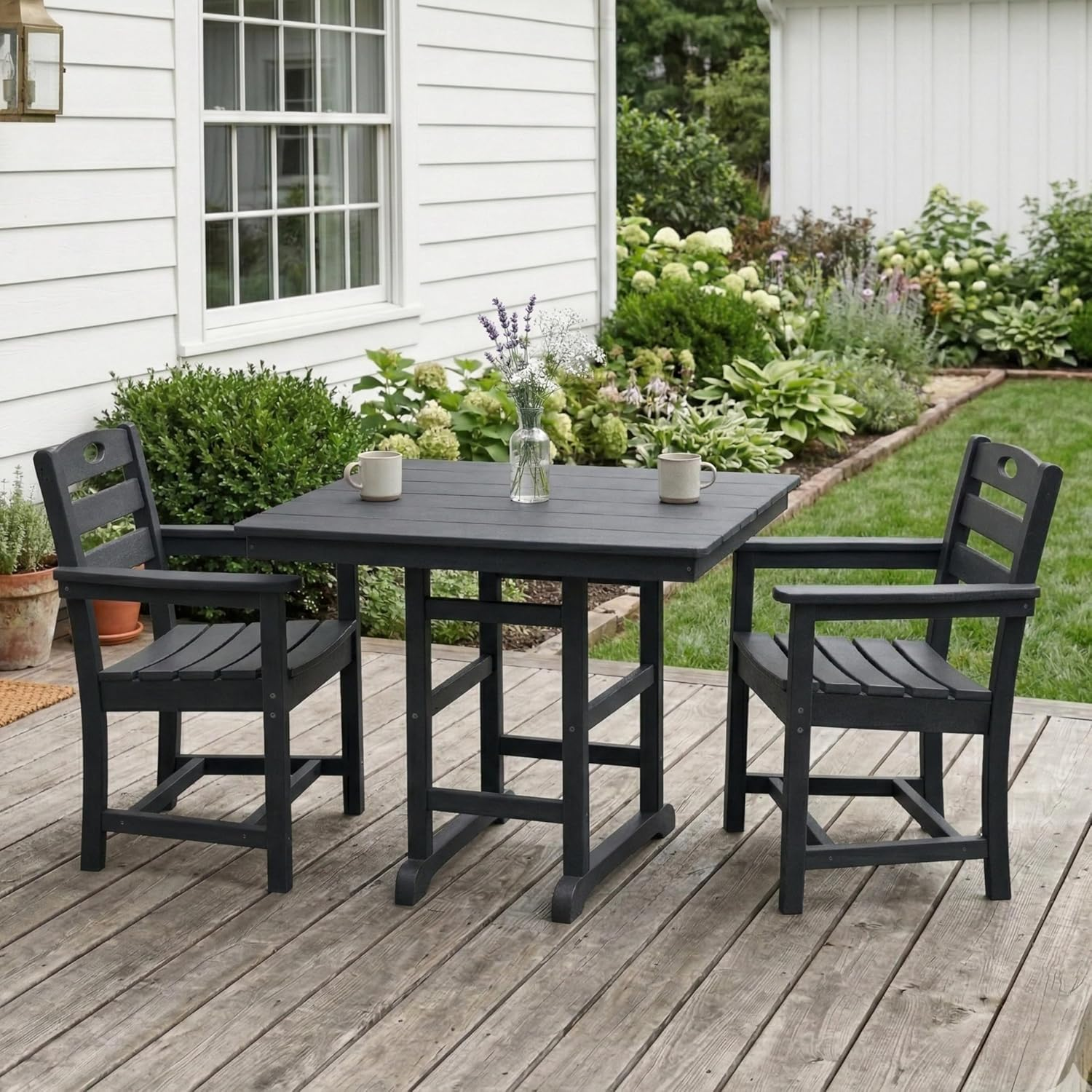 3-Piece HDPE Patio Dining Set Table Armchairs for Terrace Poolside Yard Garden All-Weather Durable Outdoor Dining Furniture Compact 2-Person Space Easy Maintenance Modern Living Set, Black