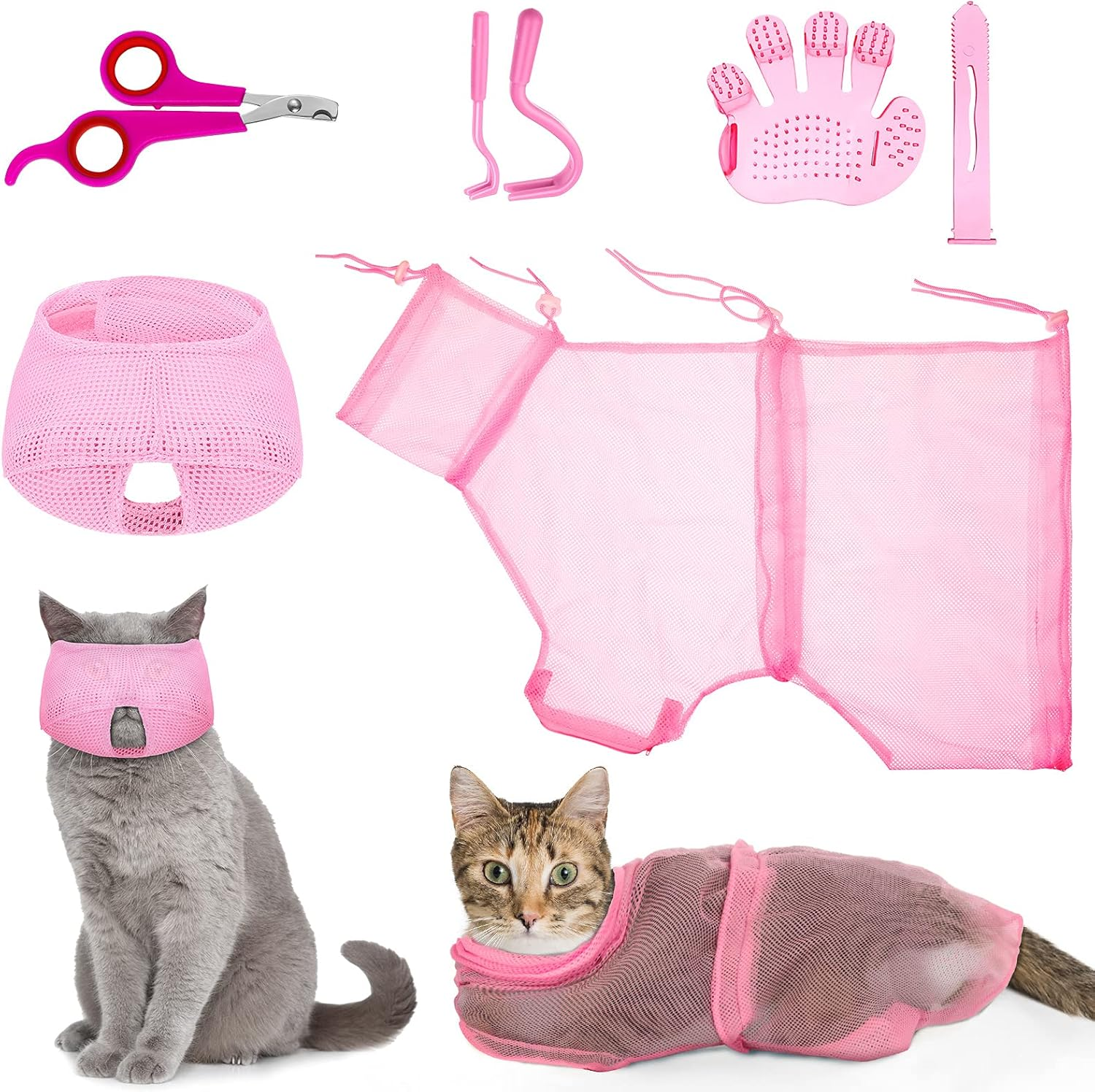 5 Pcs Cat Bathing Bag Set Cat Grooming Bag Adjustable Pet Shower Net Muzzles Nail Clipper Tick Remover Tool Massage Brush(Pink)