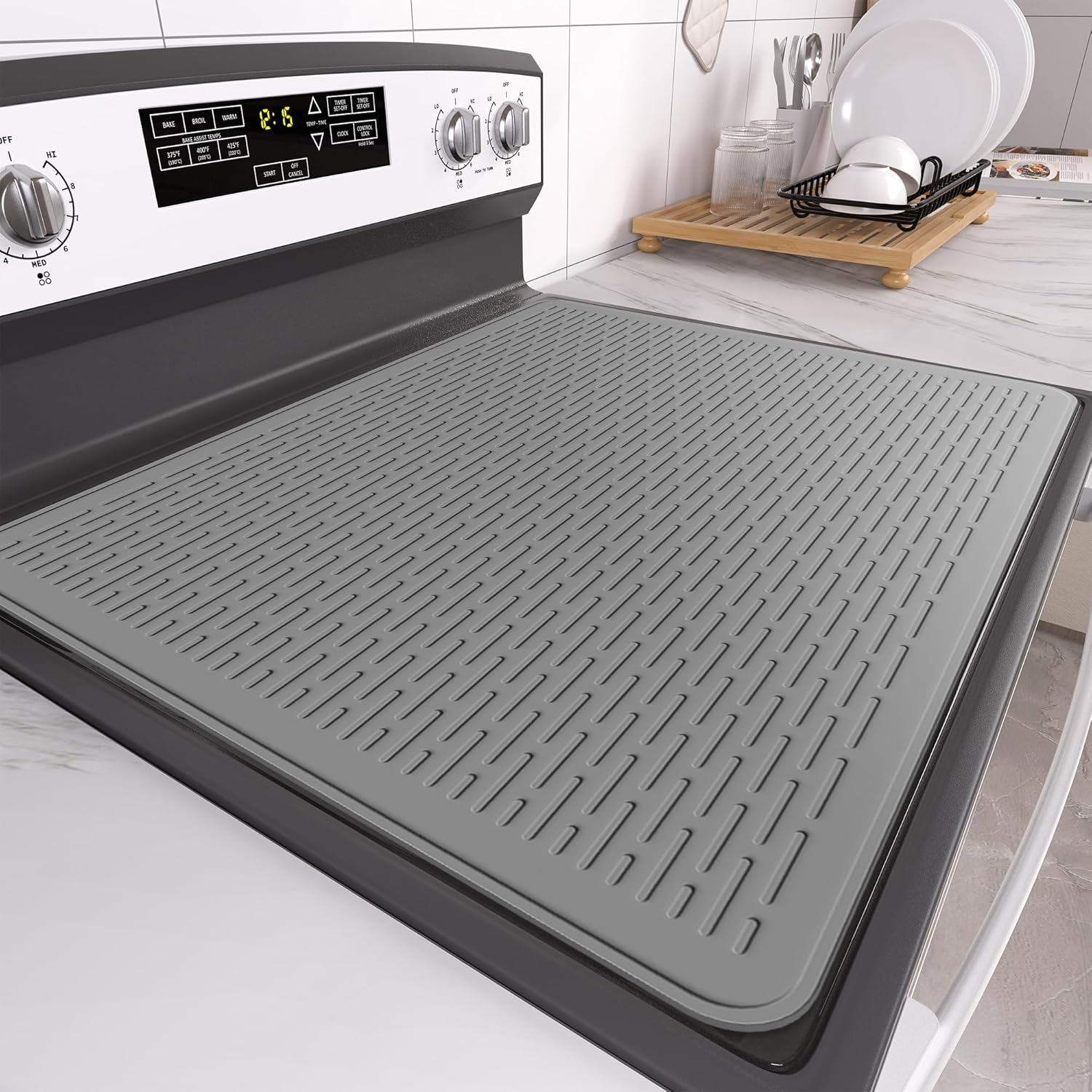 Stove Top Cover for Electric Stove- Range Covers for Electric Stove,Silicone XXL Dish Drying Mat, Glass Cooktop Covers, Flat RV Range Top Mats (Gray, 28
