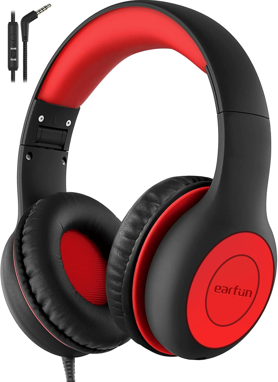 Kids Headphones Wired with Microphone, 85/94Db Volume Limit Headphones for Kids, Portable Wired Headphone with Shareport, Stereo Sound Foldable Headset for School/Tablet/Ipad/Kindle, Black Red
