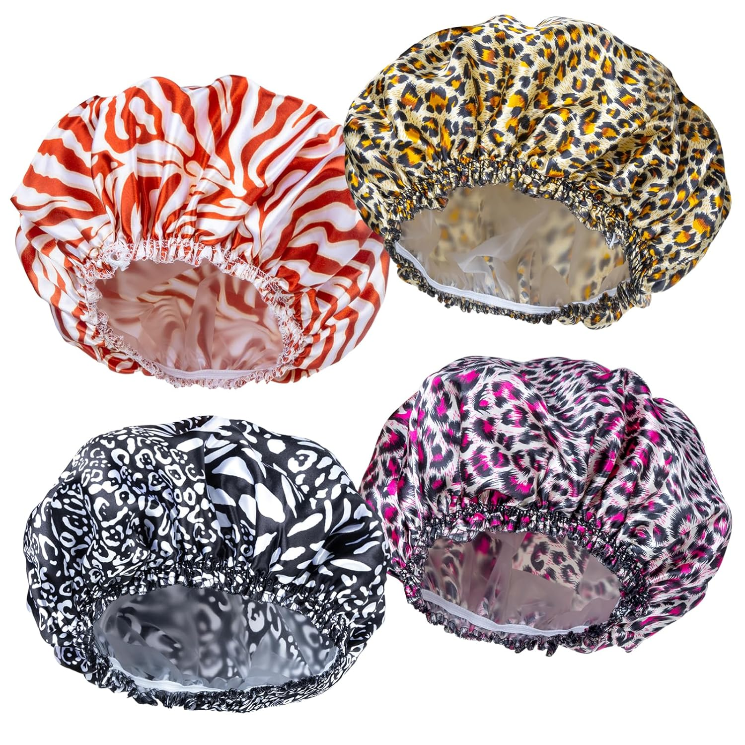 4 PCS Shower Caps for Women, Elastic and Reusable Bath Caps, Double Waterproof Layers Shower Cap, Bathing Shower Caps, Environmental Protection Hair Bath Hat - Printed Color