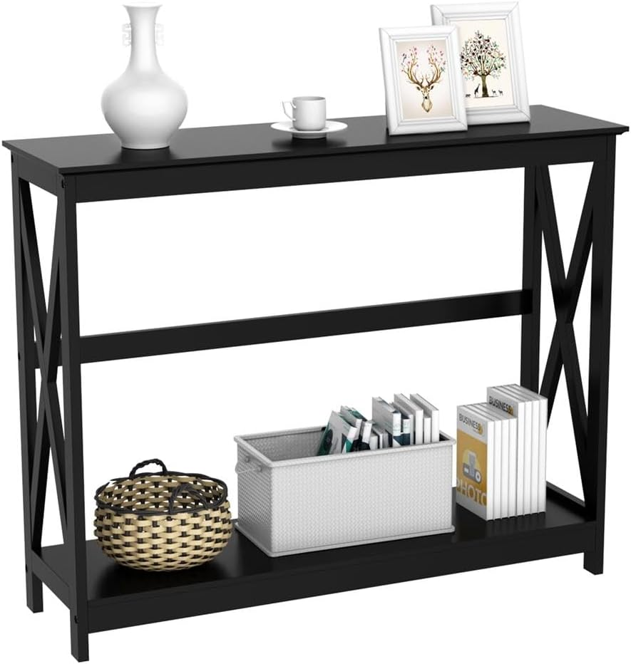 2-Tier Console Tables Side/End Table with Shelf X-Design Wooden Hall Desk for Living Room/Bedroom/Hallway Black, 101.5X30X81Cm