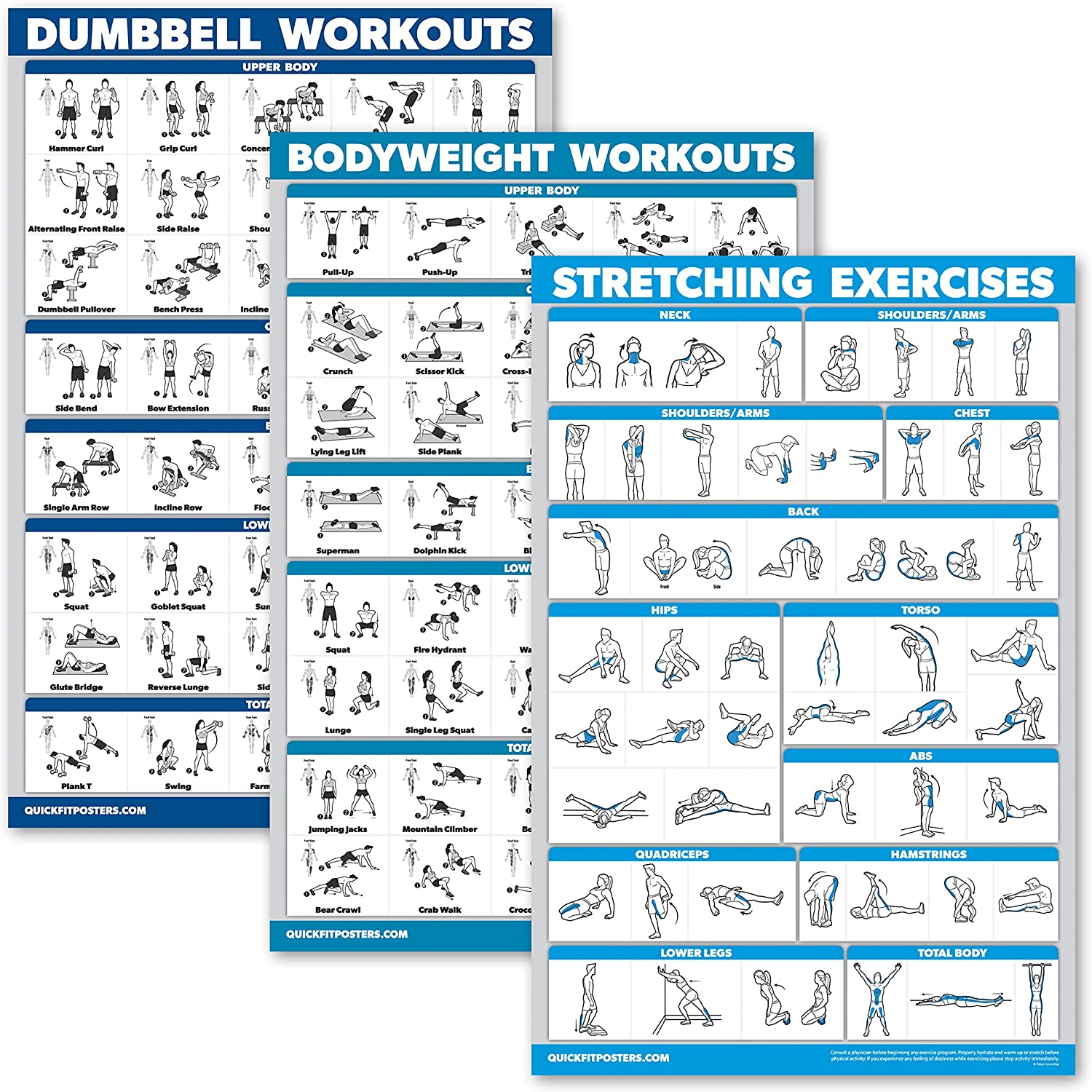  3 Pack - Dumbbell Workouts + Bodyweight Exercises + Stretching Routine Poster S