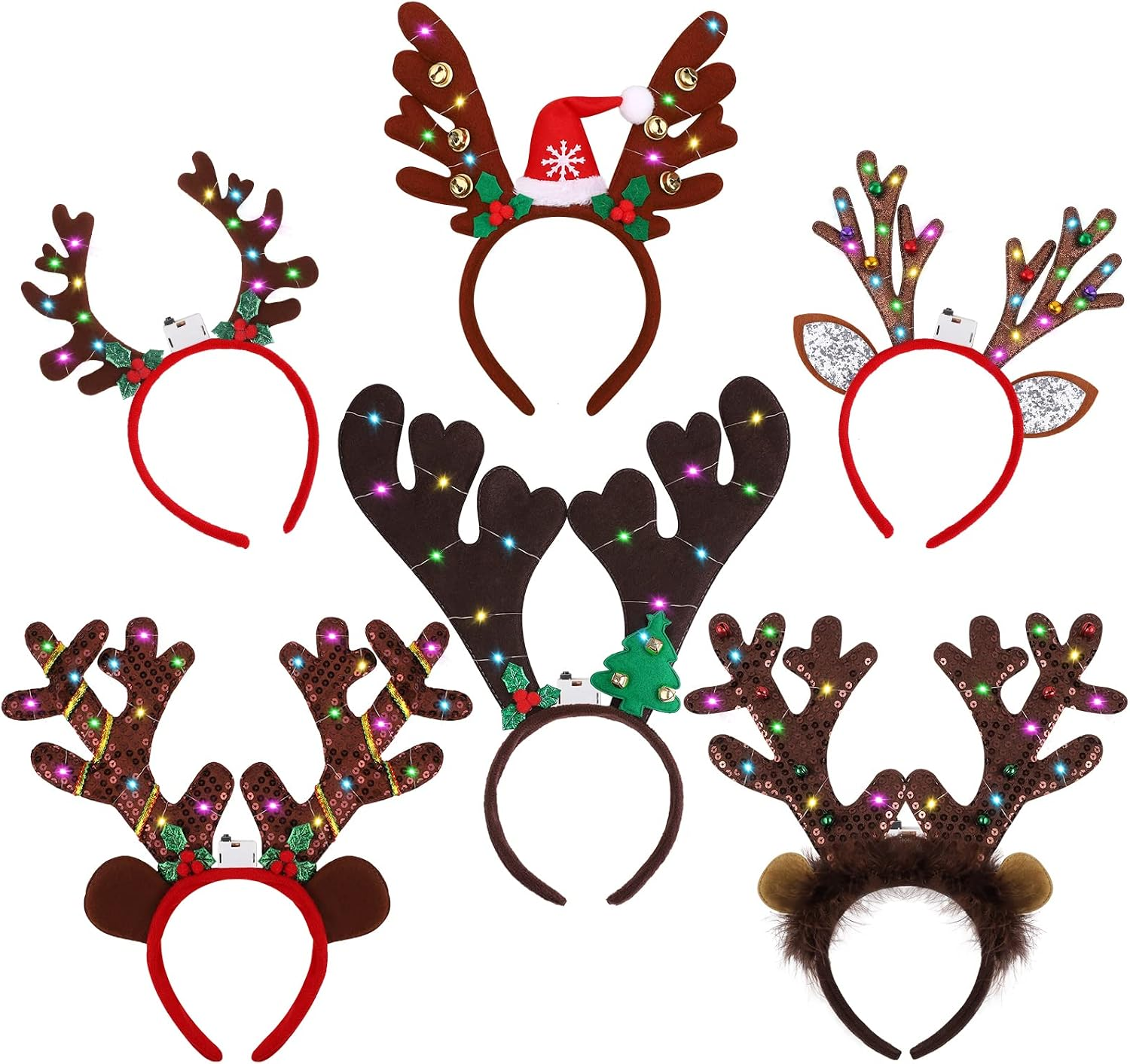 6 Pack LED Christmas Headband Reindeer Antlers Headband Light up Antlers Headwear Reindeer Christmas Costume Accessories for Xmas Party Holiday Decorations