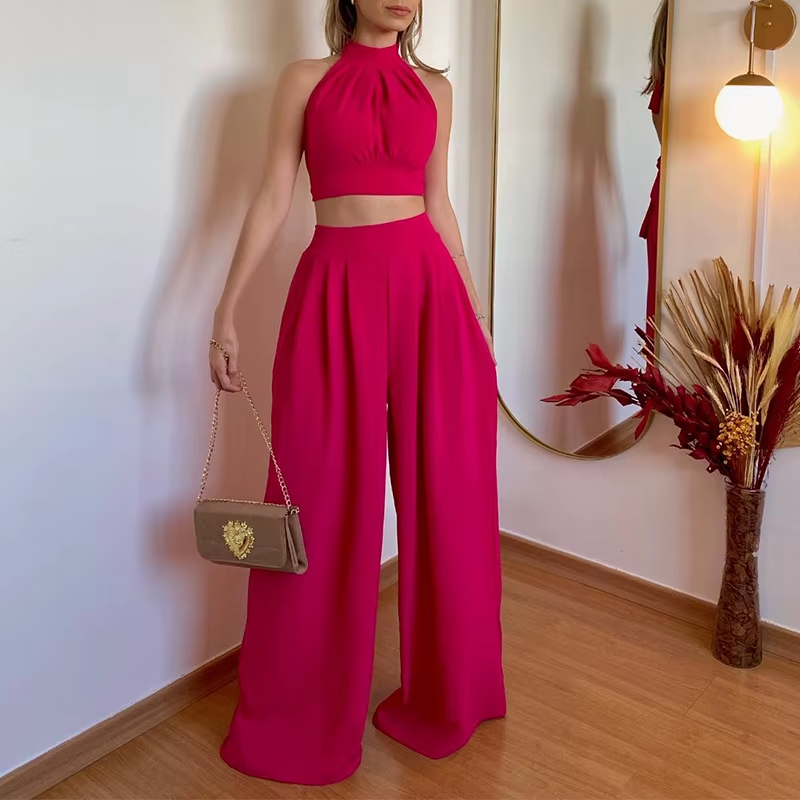 Fashion Casual Solid Style Two-Piece Suit Hanging Neck Slim Temperament High Waist Trousers Wrapped Chest Pressure Formal 2Pcs