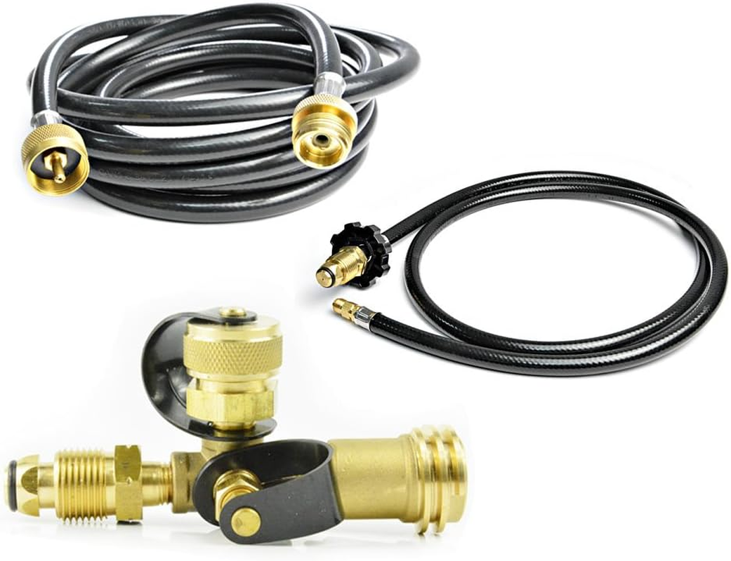 Propane Brass Tee Kit with 4-Port with 5-Feet and 12-Feet Hose | for Motorhomes Tank RV Camping