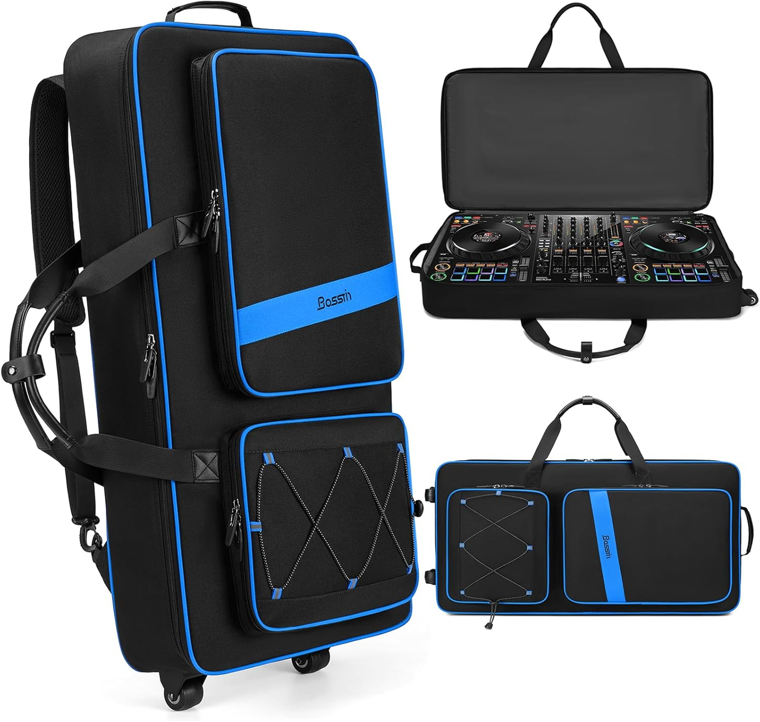 DJ Controller Case with Wheels Compatible with DDJ FLX10 /1000 /FLX6 /REV7 /REV5, Rolling DJ Case for Equipment, Padded Large DJ Backpack with Multi-Pocket for Laptop, Accessories (Blue)