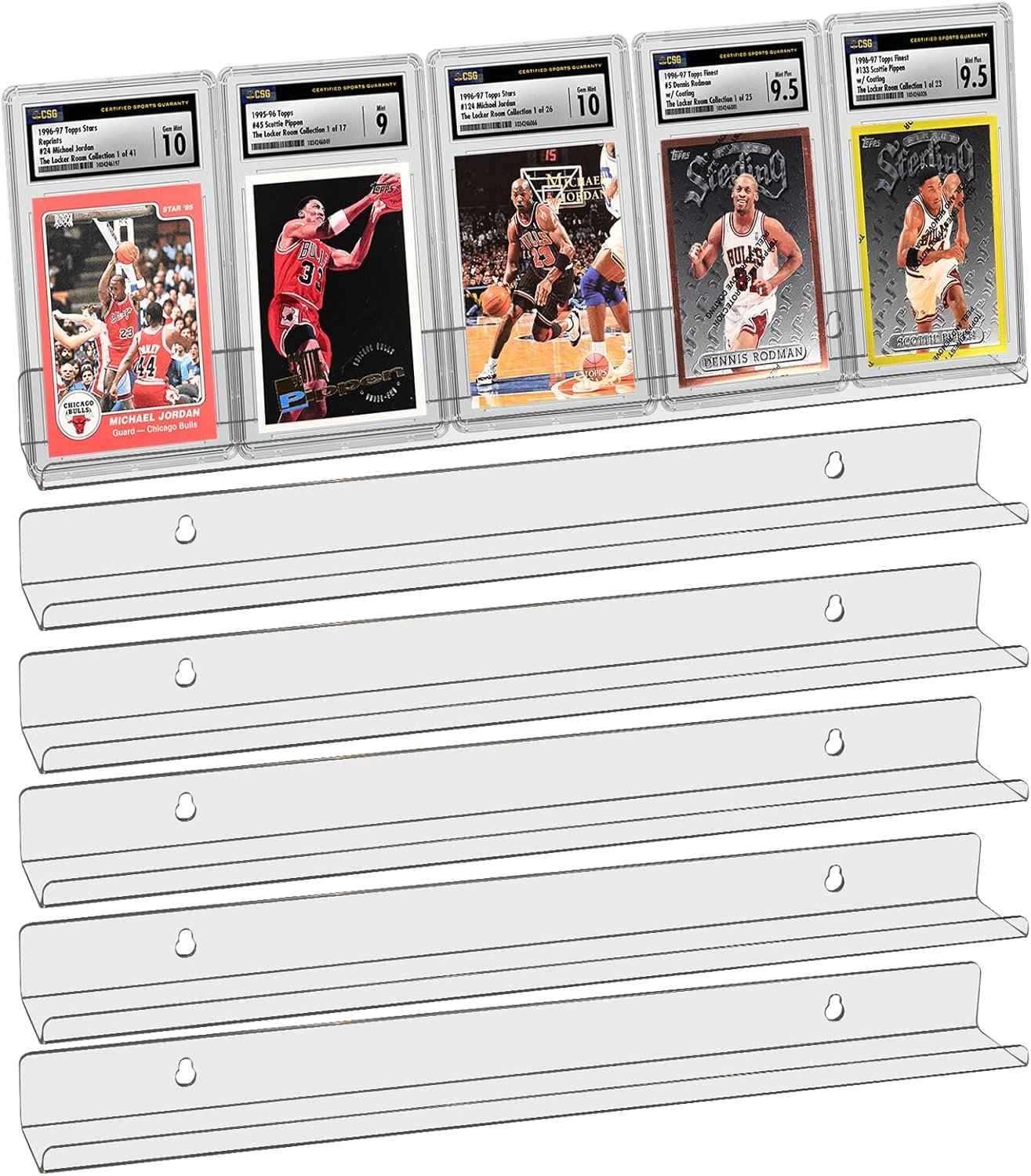 6 Pack Sport Card Display Shelf for Wall - Hold up to 30 Trading Cards, Acrylic Sport Card Display Rack for PSA SGC BGS Graded Trading Slabs