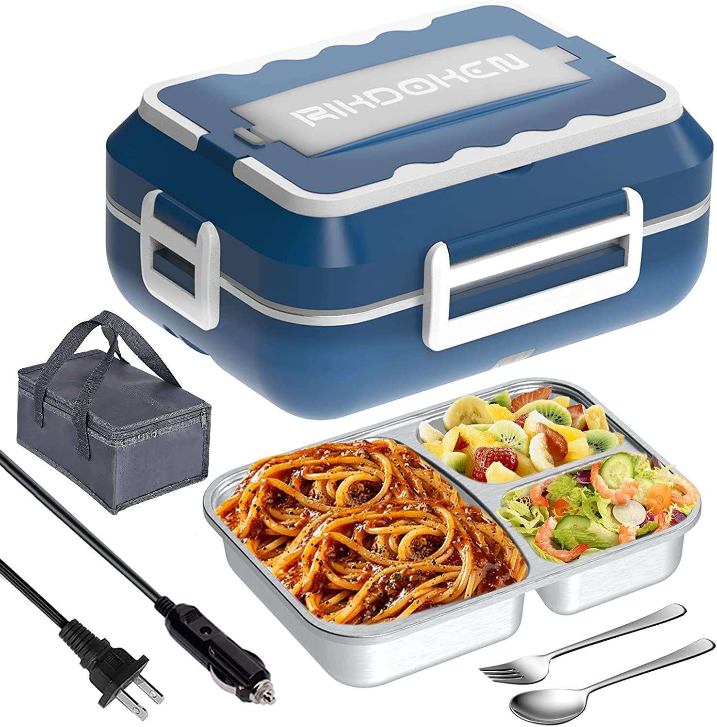 60W Faster Heat Electric Lunch Box Heater for Car Truck Work Home, 12V 24V 110V Portable Food Warmer with 1.5L Stainless Steel Container, Leak-Proof Lunch Heater with Bag, Spoon, Fork
