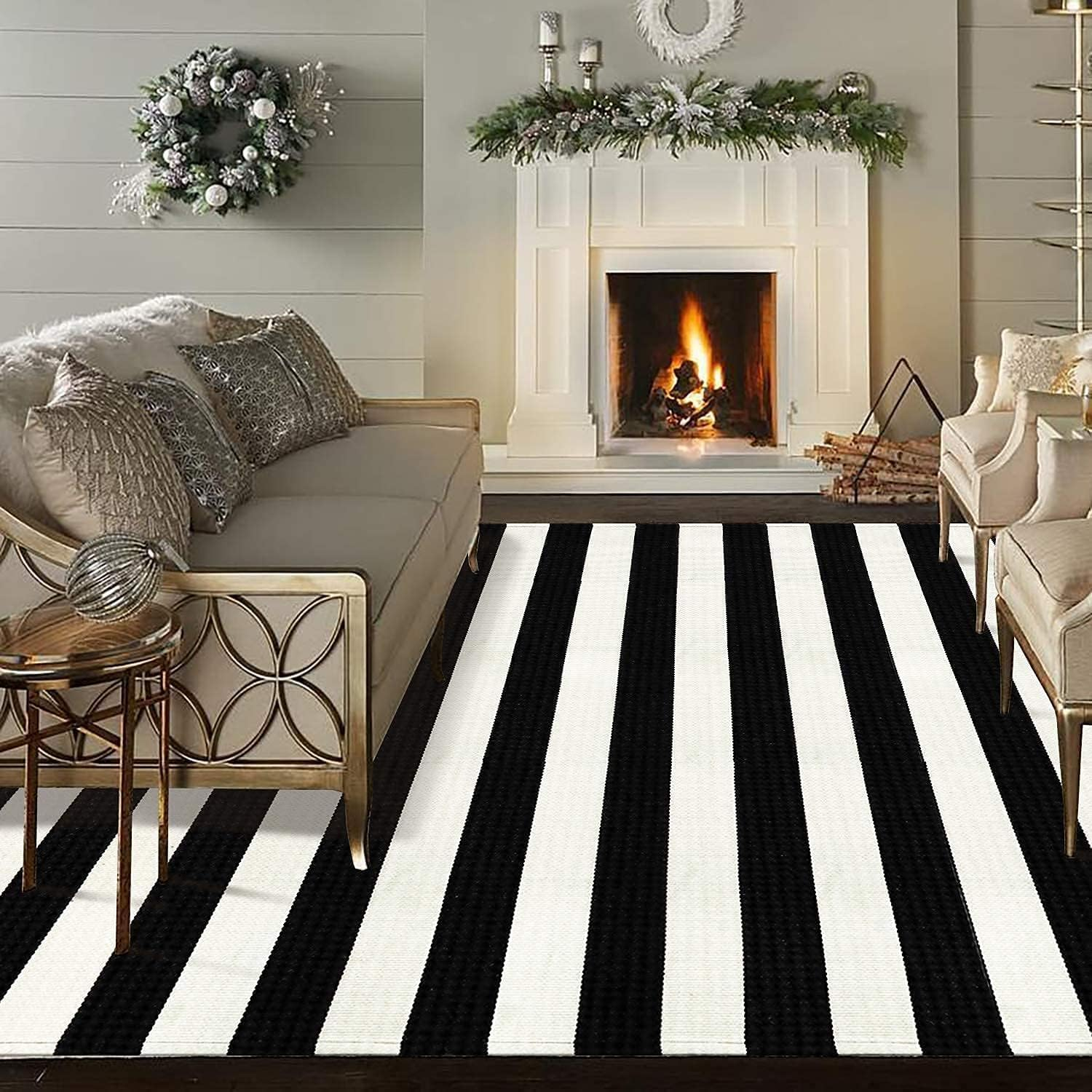 Outdoor Rug 5X8 Black and White Patio Decor Rug, Cotton Washable Indoor Outdoor Rug, Farmhouse Woven Porch Front Rug Reversible Foldable Rug Layered Door Mat for Porch/Front Door/Entrance