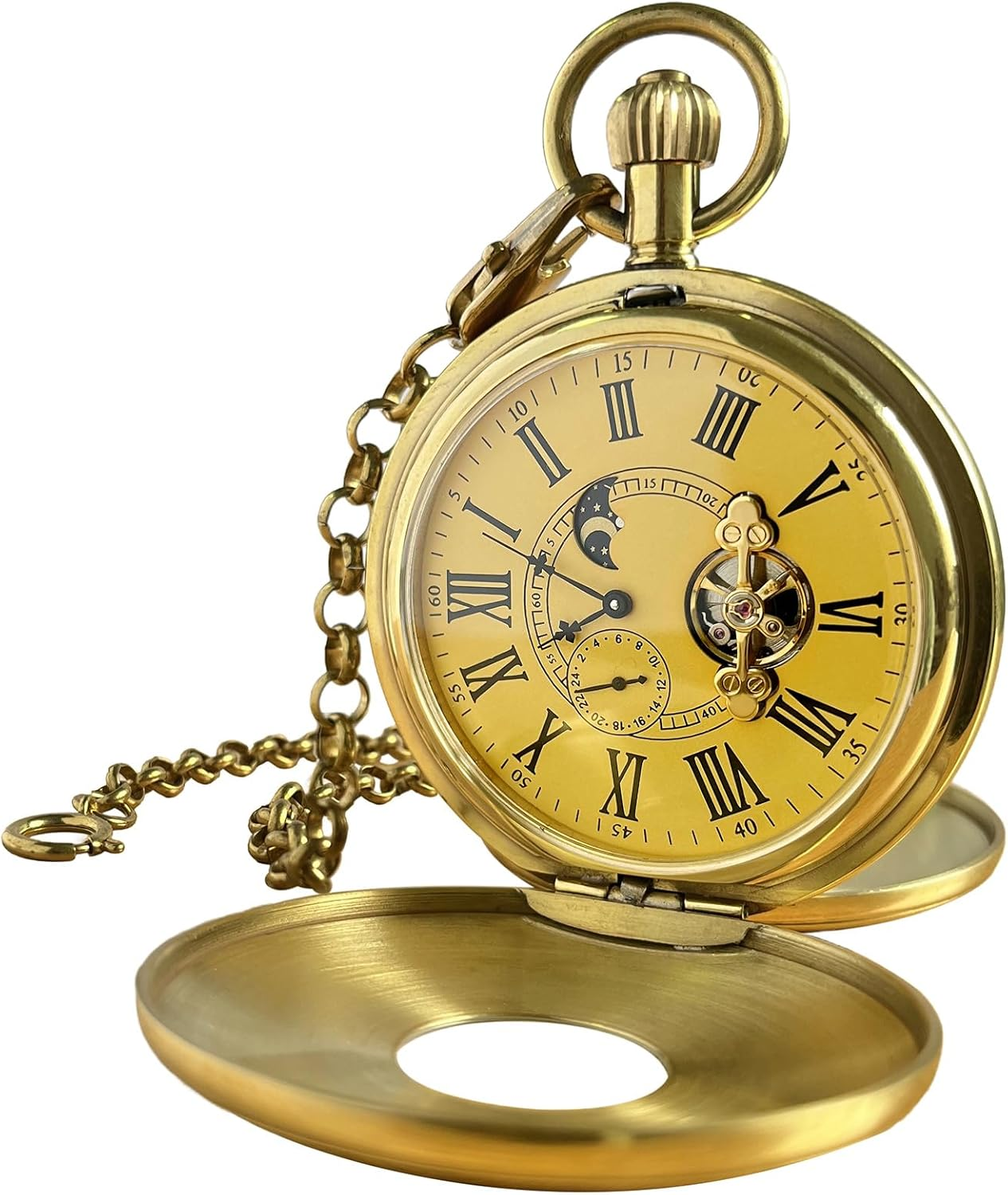 Mechanical Hand-Wind Pocket Watch for Men, Half Hunter Double Covers 24-Hour Day Moon Phase, Luxury Watches with Tourbillon in Box