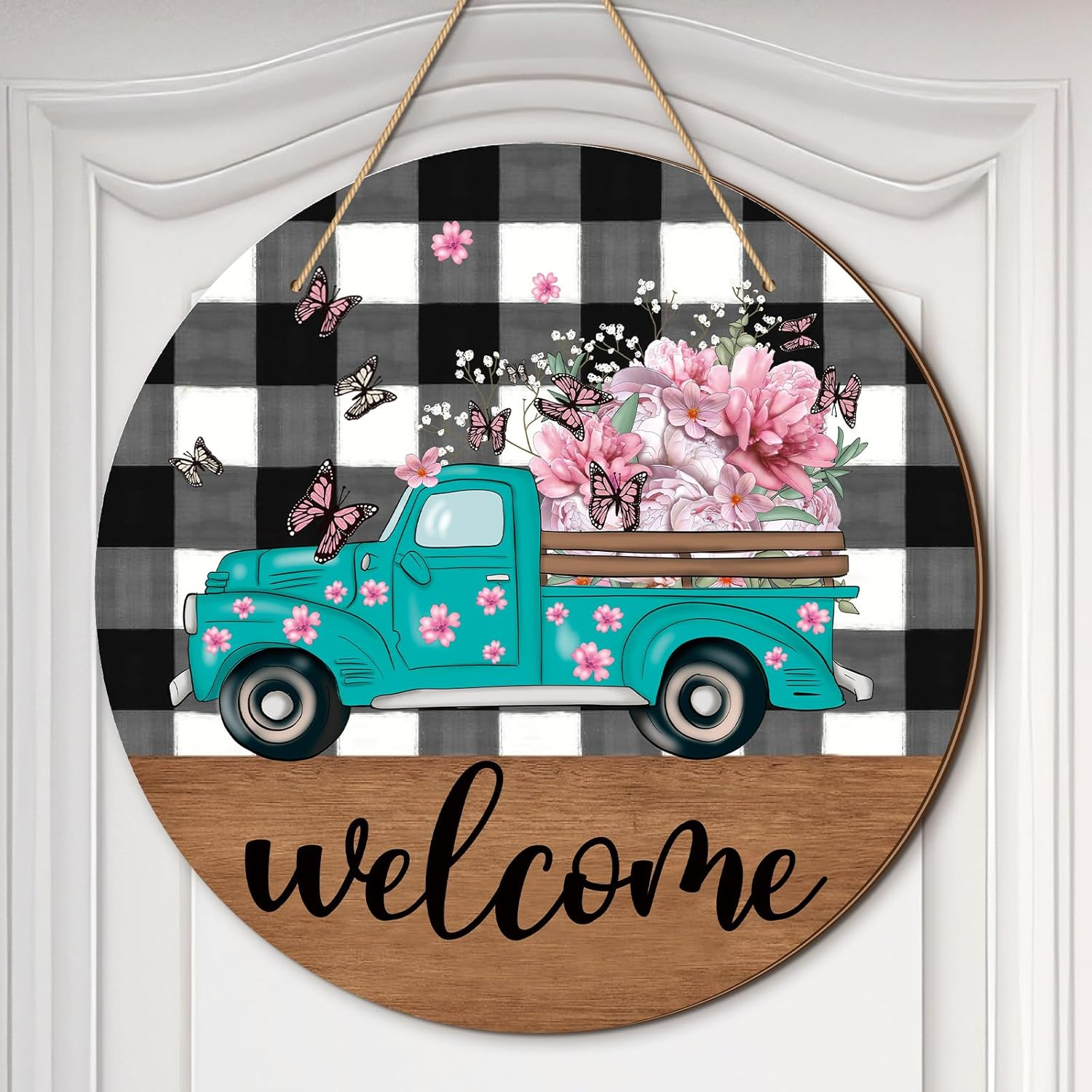 Spring Front Door Decor Welcome Wooden Sign Farmhouse Blue Truck Floral Wreath Door Hanger Buffalo Plaid Flower Butterfly Wall Hanging Spring Decoration for Home Indoor Outdoor Porch