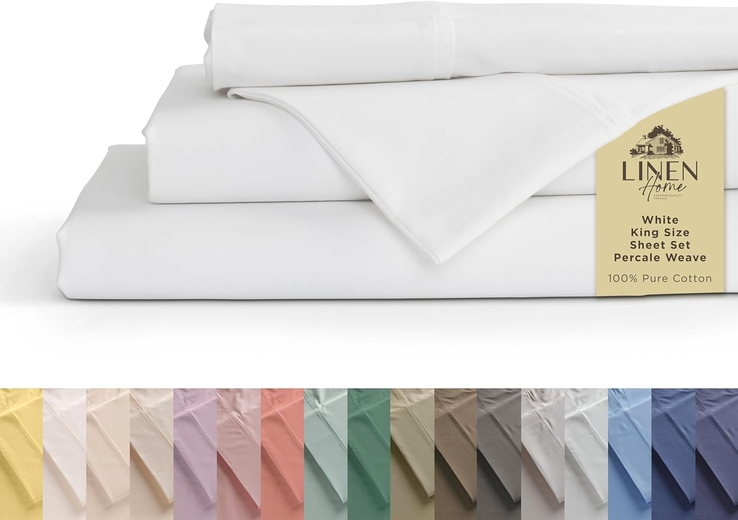 100% Cotton Percale Sheets King Size, White, Deep Pocket, 4 Pieces Set - 1 Flat