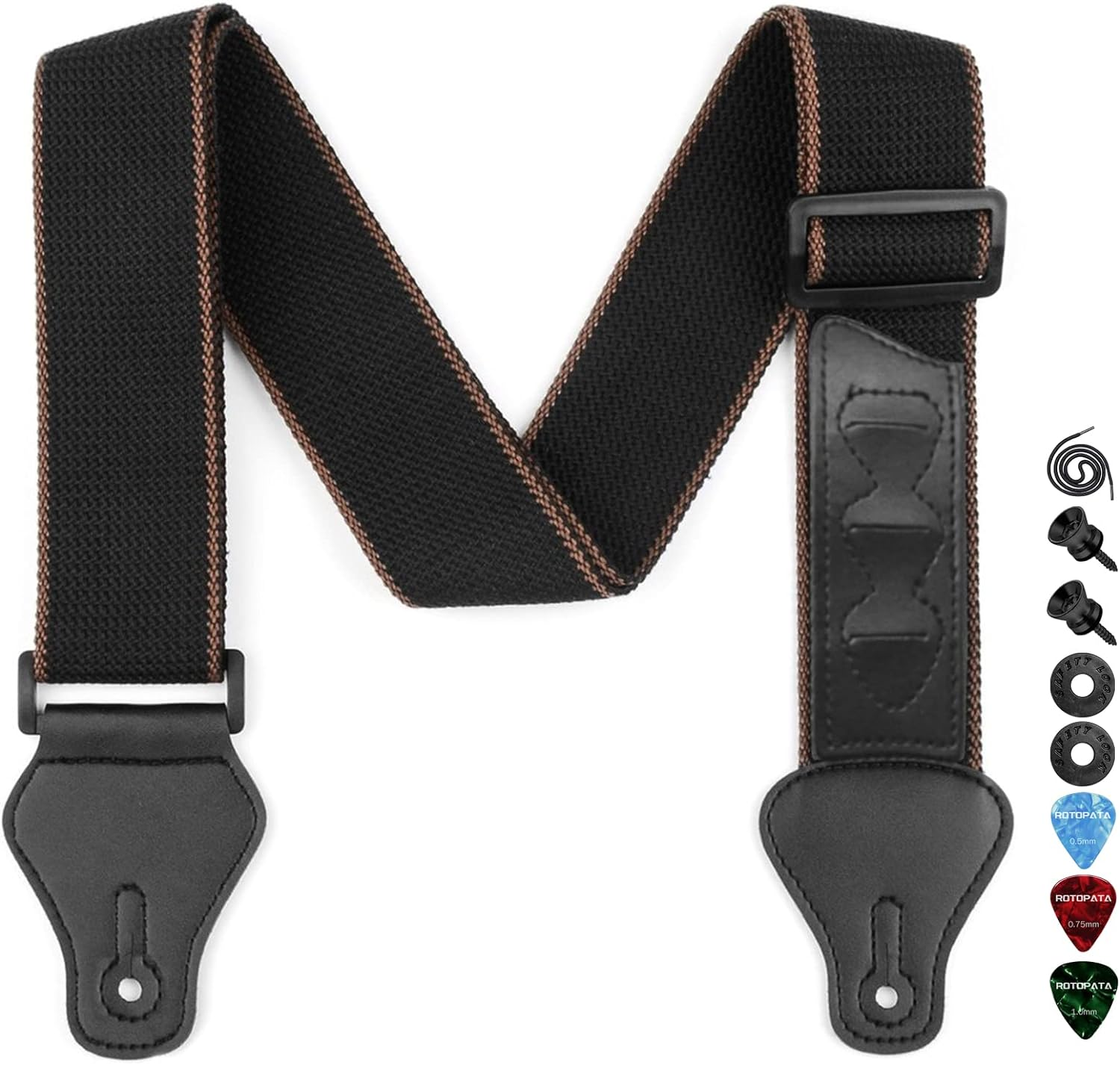Guitar Strap with Pick Holders, 2 Buttons 2 Locks 3 Picks, PU Leather Ends, Adjustable Length & Soft Cotton Straps for Bass Electric Guitars(Black)