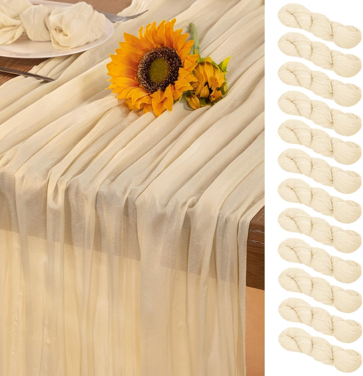 Beige Cheesecloth Table Runner 12 Pack Summer Sheer Cream Cheese Cloth Table Runners 120 Inches Boho Gauze Summer Table Decorations for Wedding Bridal Baby Shower Garden Party Decor