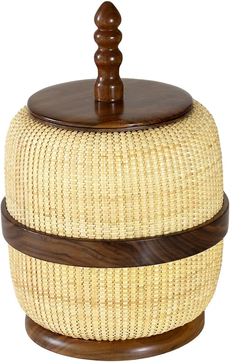 Handmade Nantucket Pot Belly Rattan Storage Basket with Lid - Decorative Organizer